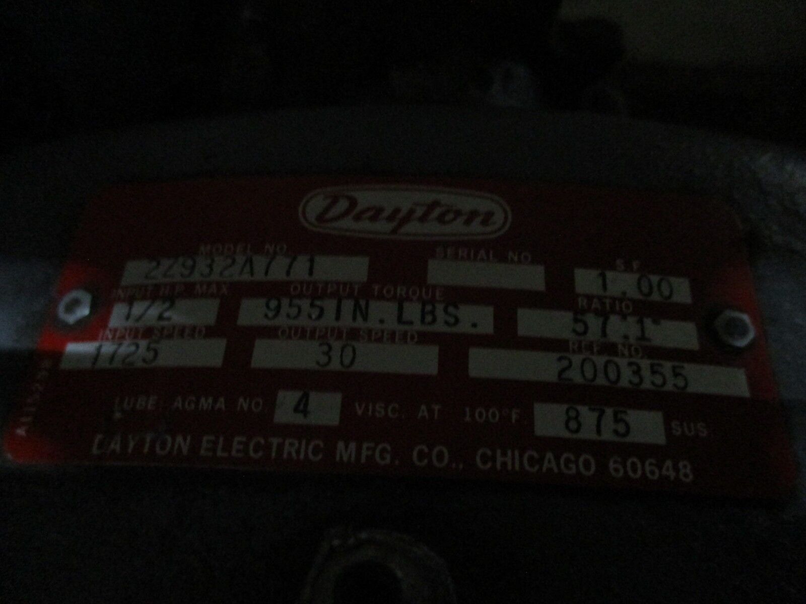 Dayton Motor W/ Gear 2N916L 1/2HP 1725/1425RPM Fr: F56C 208-220/440V 2-2/1A Used