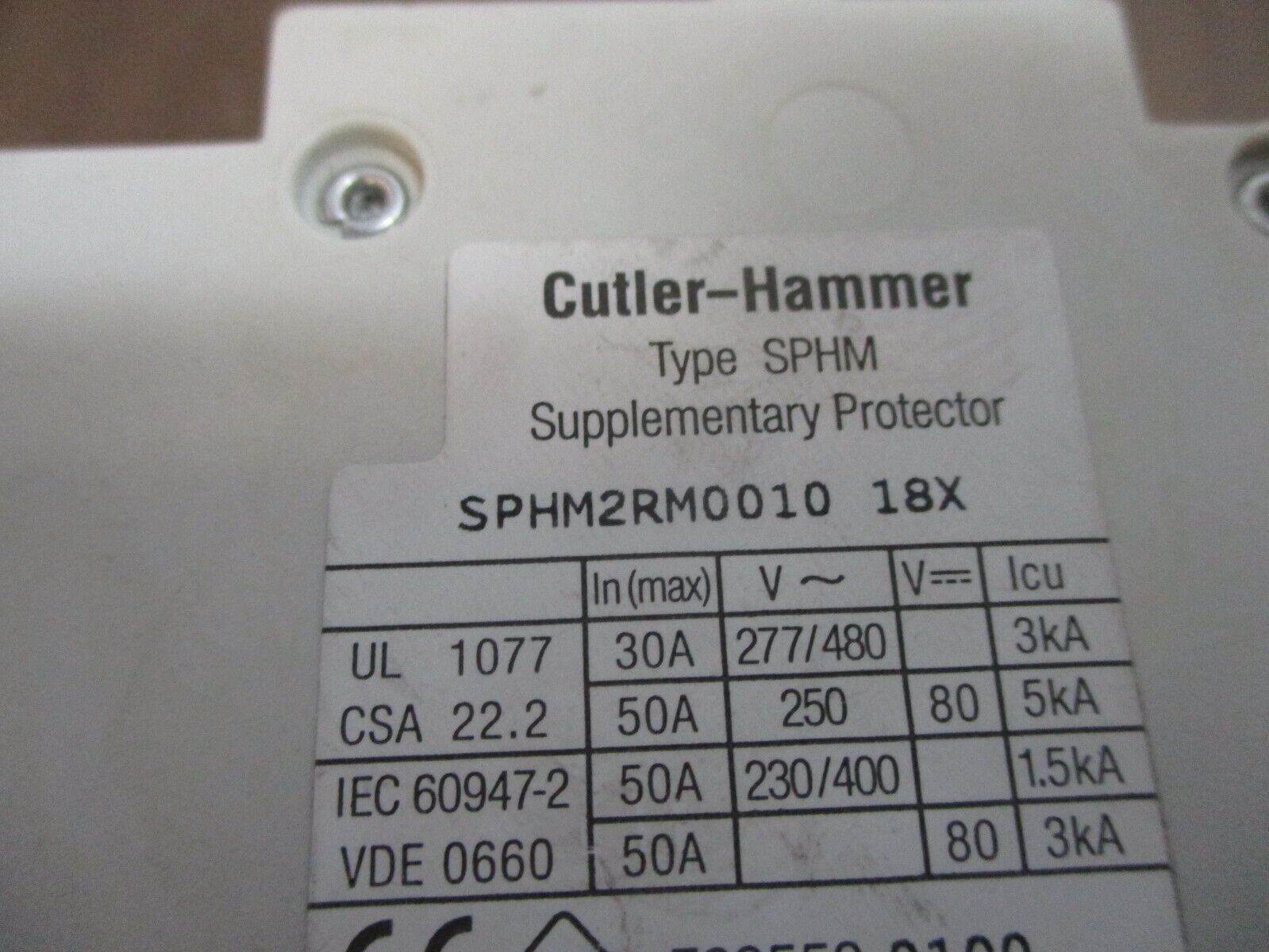 Cutler-Hammer Type SPHM Supplementary Protector SPHM2RM0010 10A 277/480V 2P Used