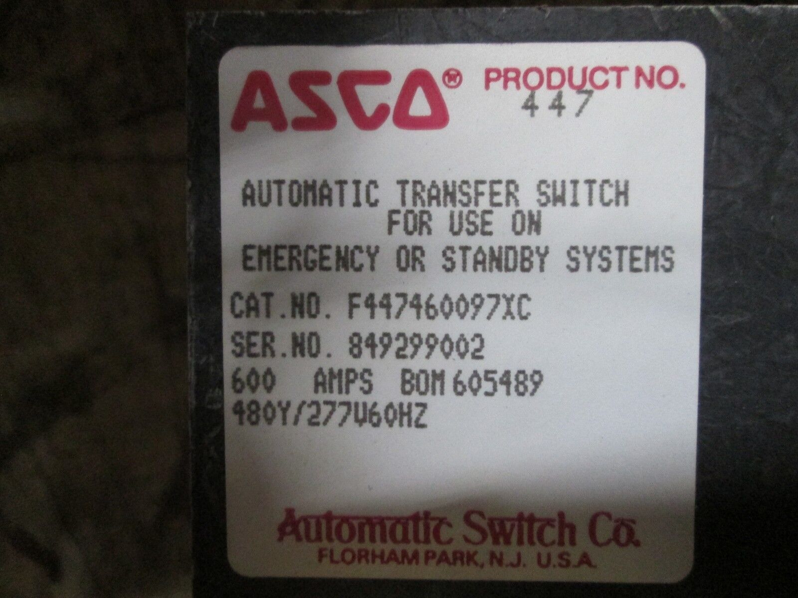 ASCO Automatic Transfer Switch F447460097XC 600A 480Y/277V 4W 3Ph Used