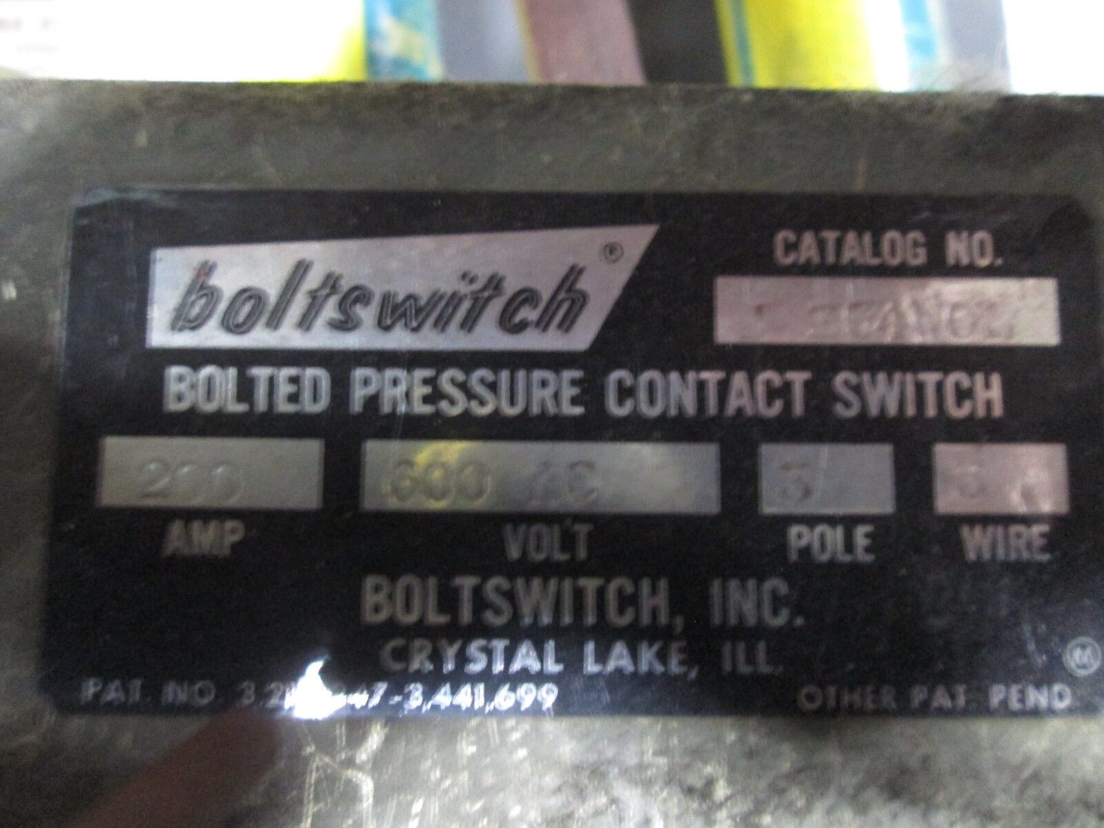 Boltswitch Bolted Pressure Contact Switch J 364 W0L 200A 3W 3P 600VAC Used