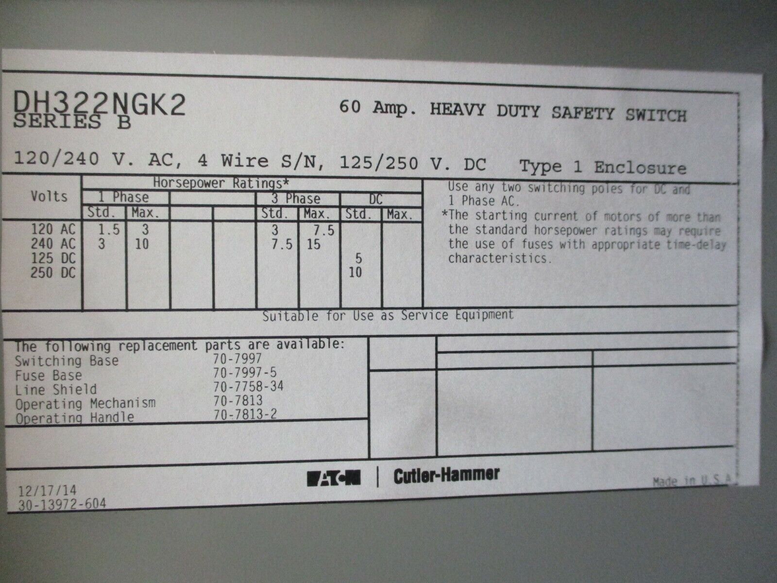 Eaton Fusible 3R Safety Switch/Disconnect DH322NGK2 60A 240V 4W New Surplus