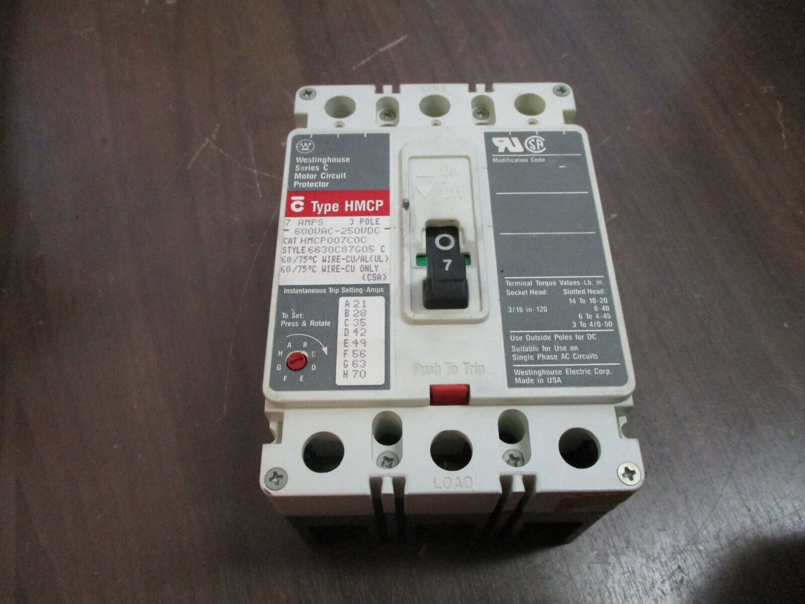 Cutler-Hammer / Westinghouse Circuit Breaker HMCP007C0C 7A 600V 3P Used