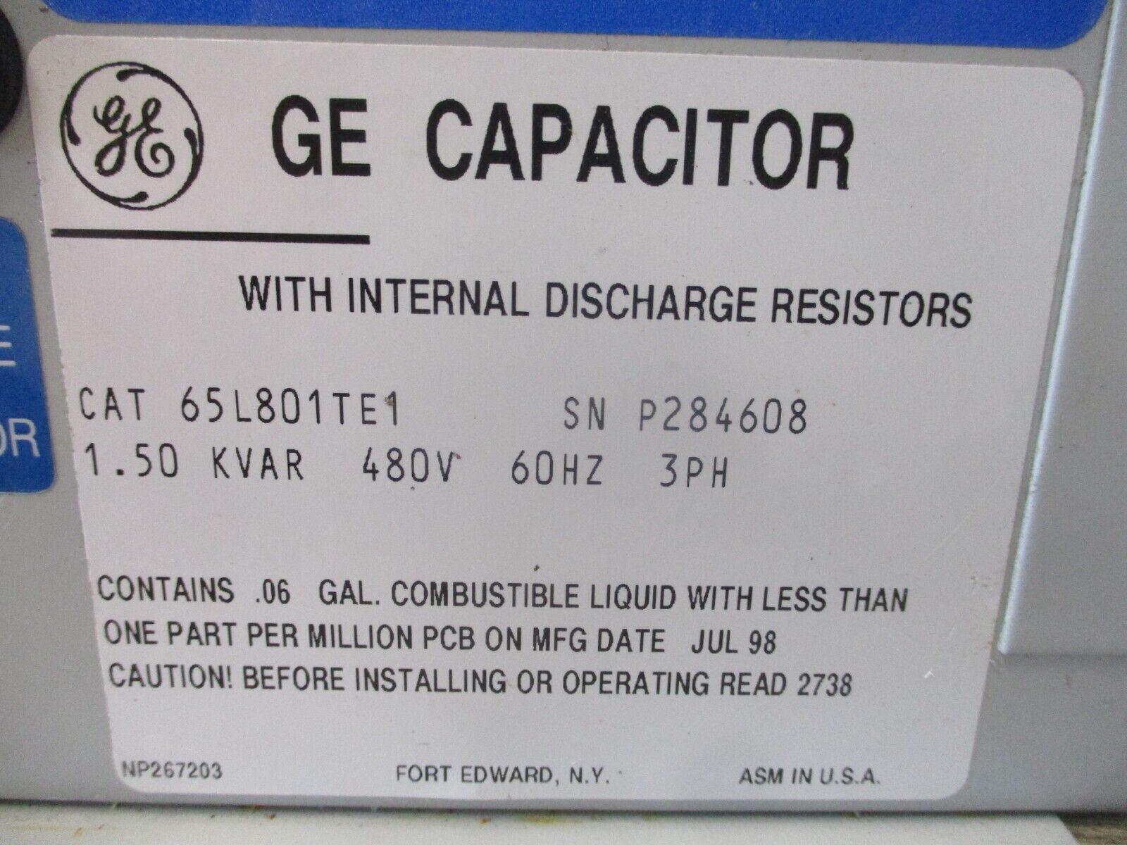 GE Capacitor 65L801TE1 1.5 KVAR 480V 60HZ 3Ph Used.