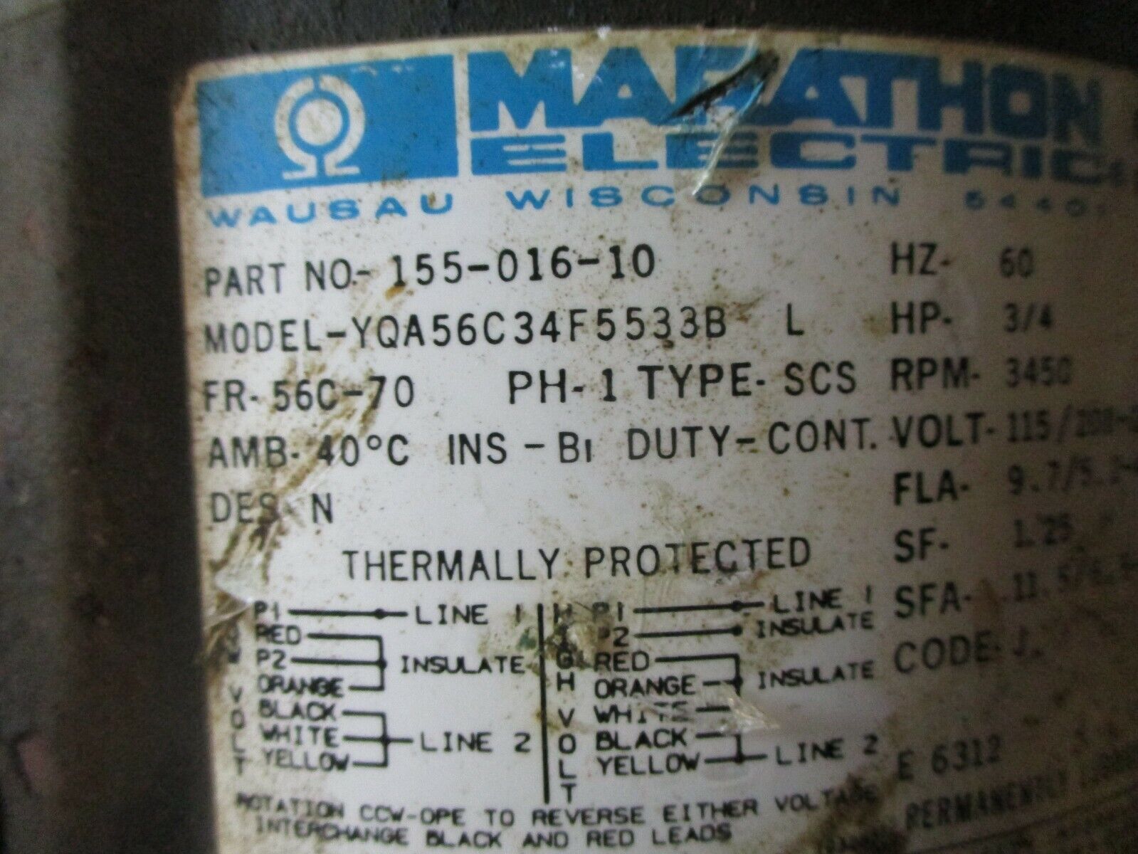 Marathon Electric Motor 155-016-10 3/4HP 3600RPM 1Ph 115/208-230V 60Hz Used