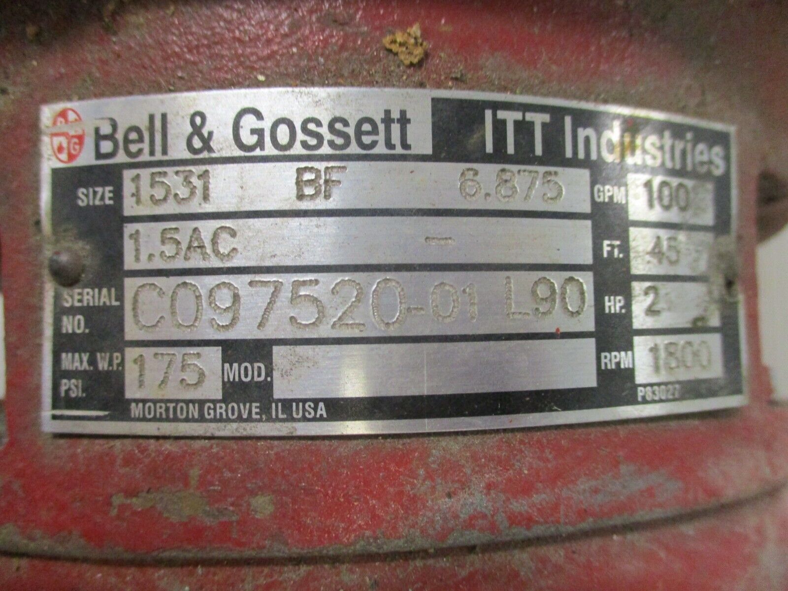 Bell & Gosset Pump 1531 BF 6.875 1.5AC 2HP 1800RPM 100GPM 45 Ft Head Used