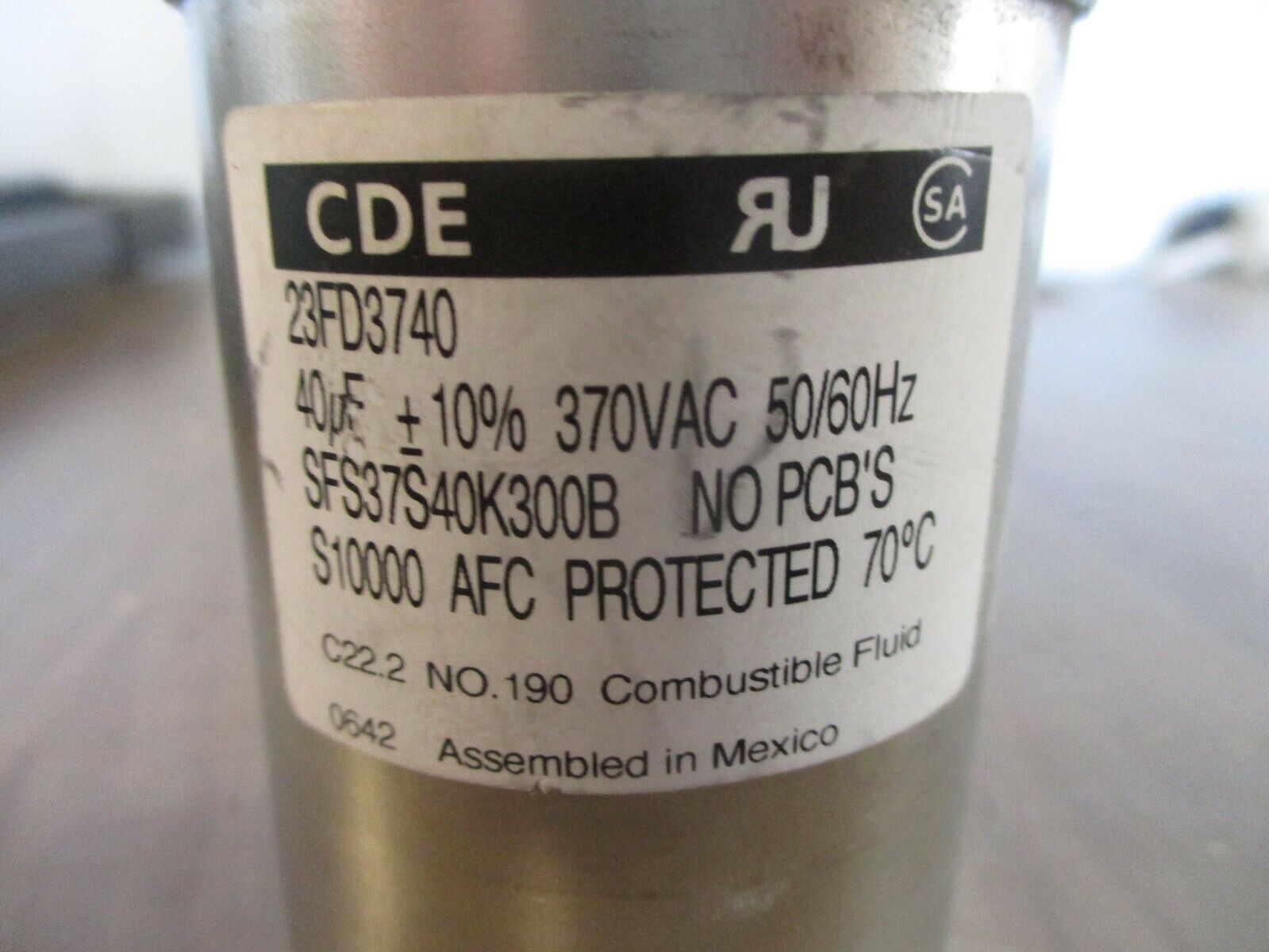 CDE Capacitor 23FD3740 40uF 370VAC 50/60Hz Used