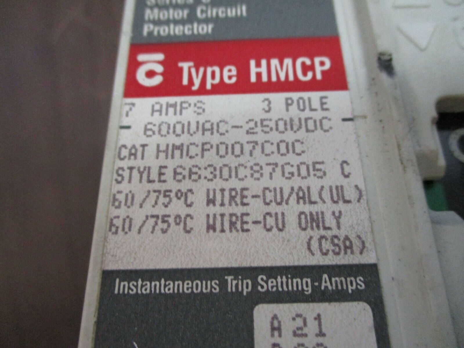 Cutler-Hammer / Westinghouse Circuit Breaker HMCP007C0C 7A 600V 3P Used