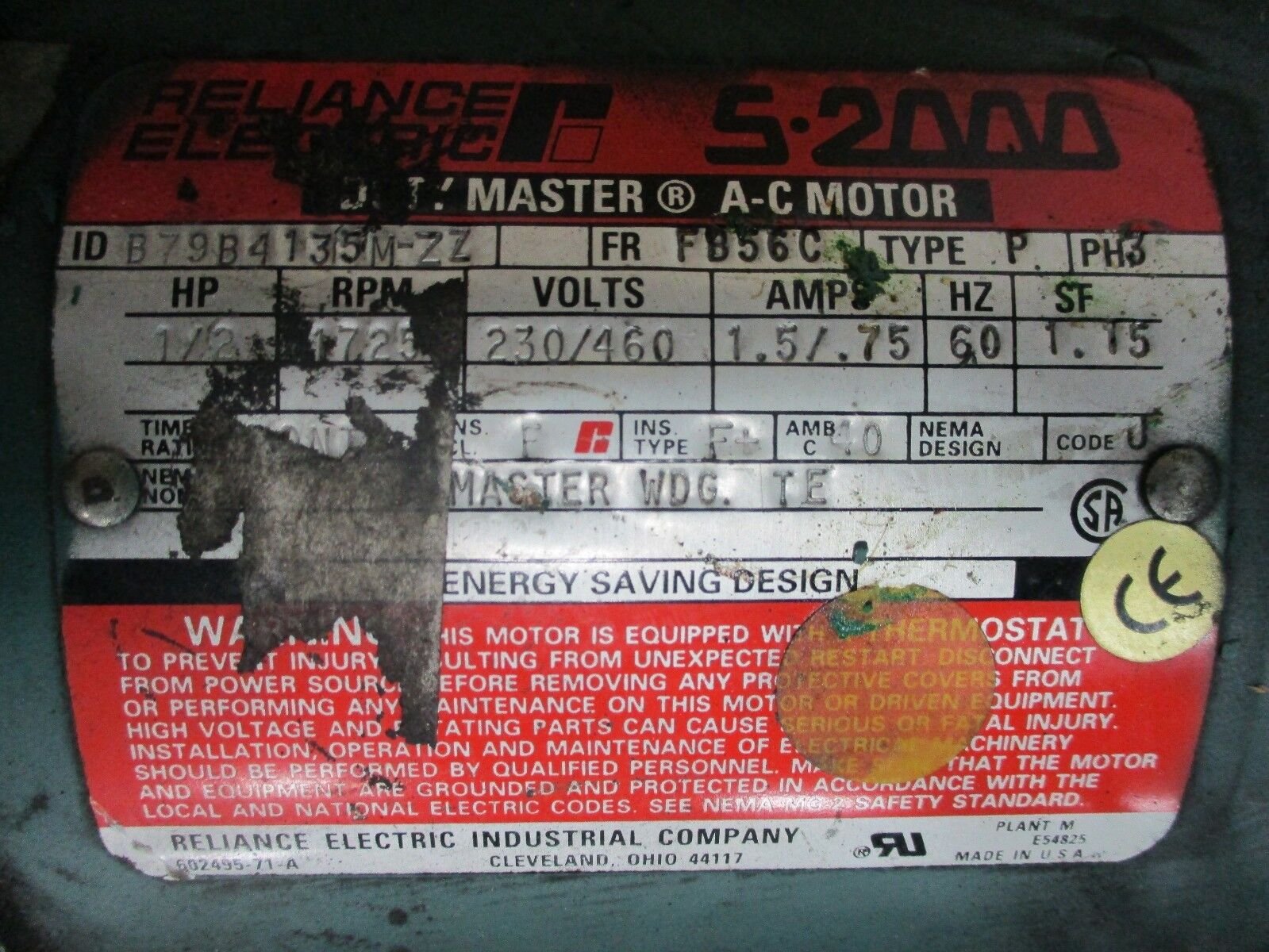 Reliance Duty Master Motor w/ Gear & Brake B79B4135M-ZZ 1/2HP 1800RPM FR:FB56C