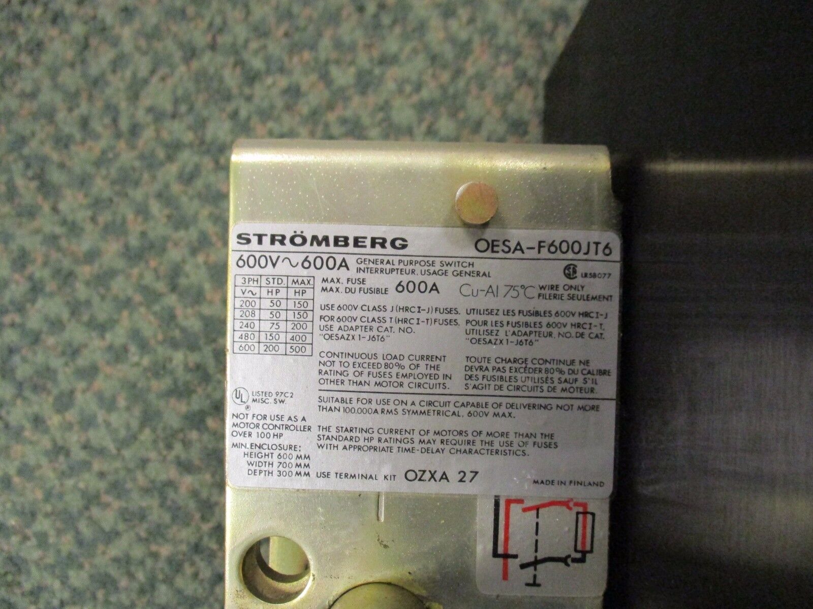 Stromberg Paired Fused Disconnect OESA-F600JT6 600A 600V 3P Used