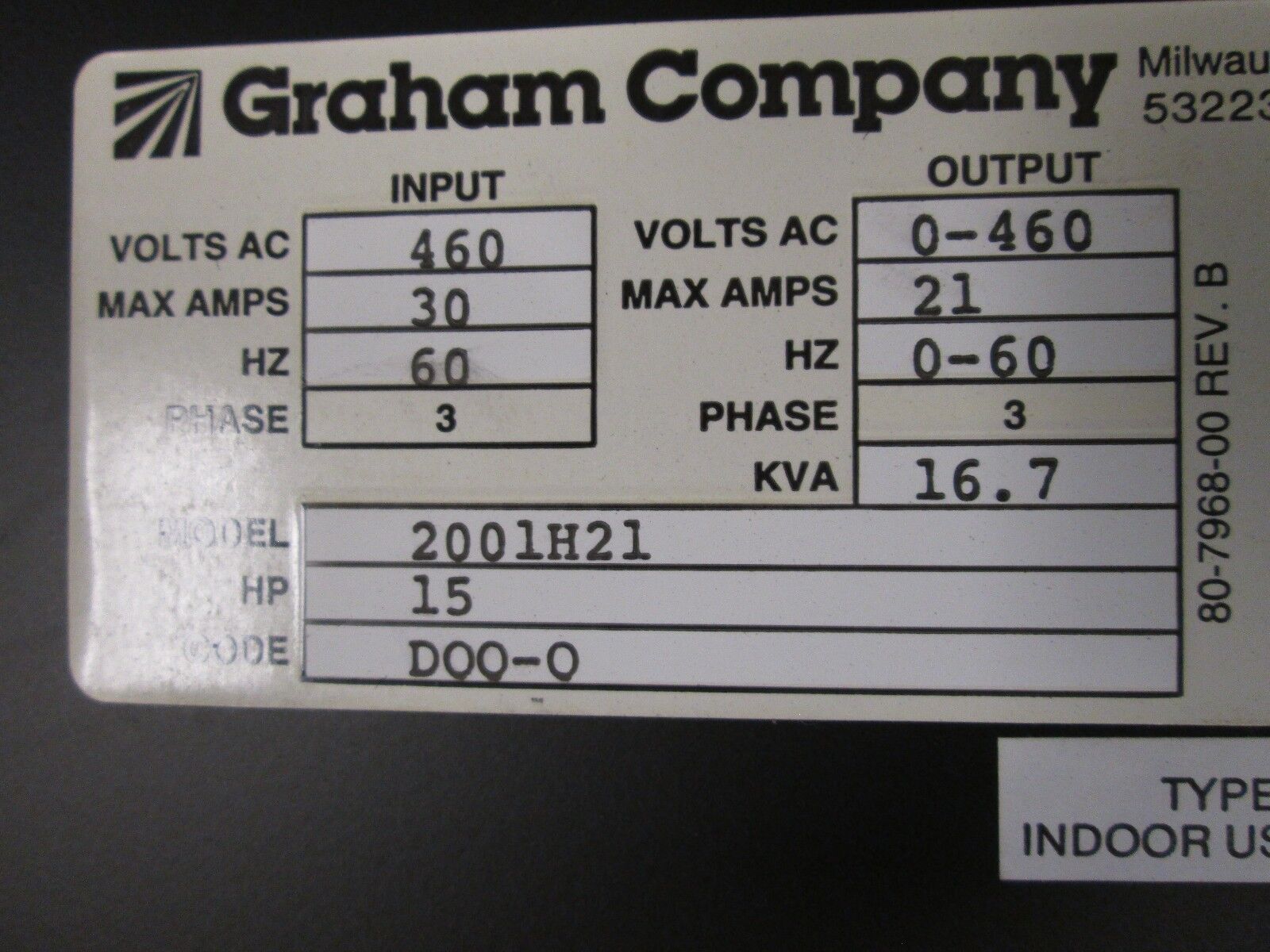 Graham/Bell & Gossett Powersav AC Drive 2001H21 15HP Output: 0-460V 21A Used