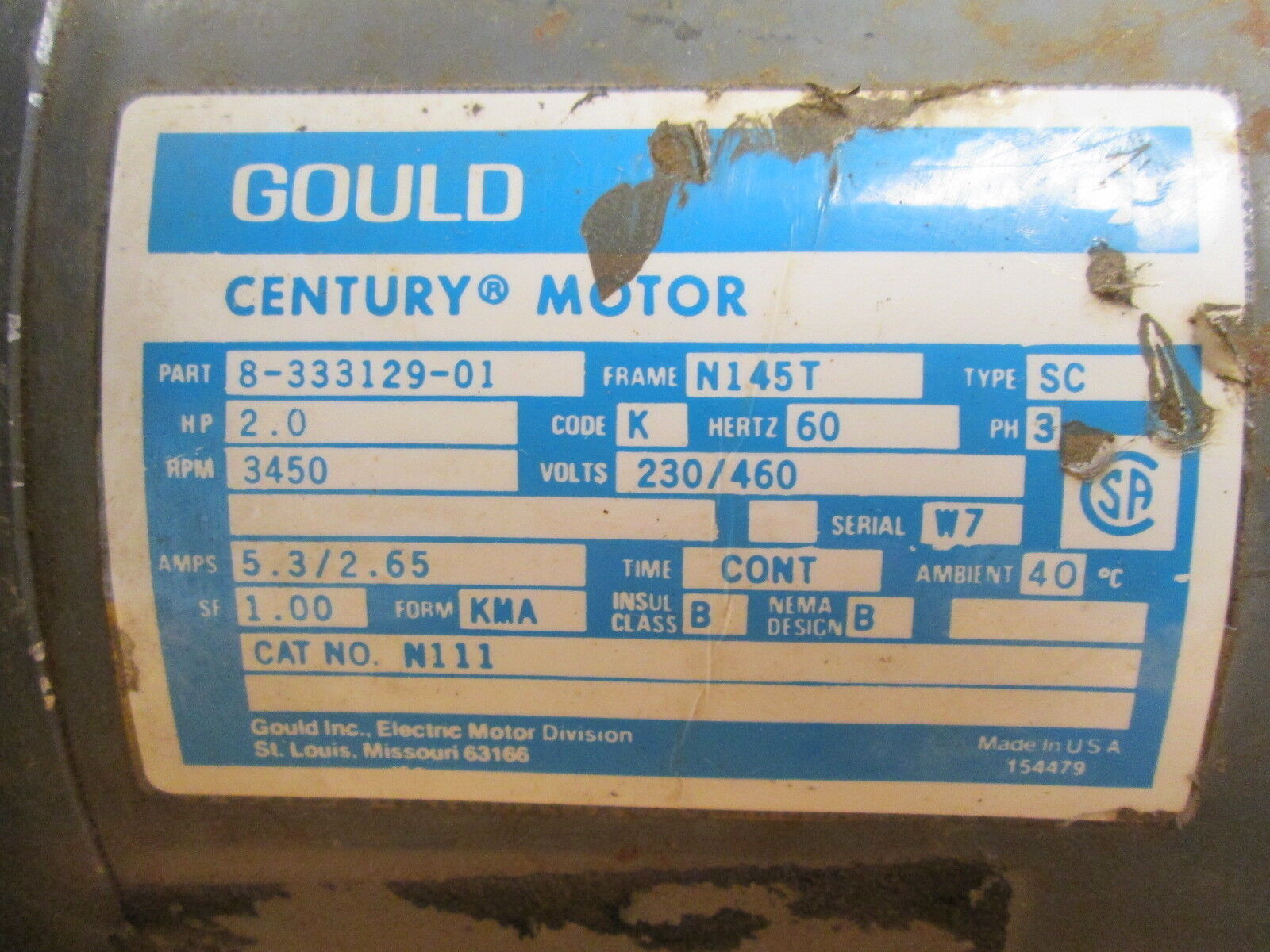 Gould Century Motor 8-333129-01 2.0HP 3450RPM FR:N145T 230/460V 5.3/2.65A Used