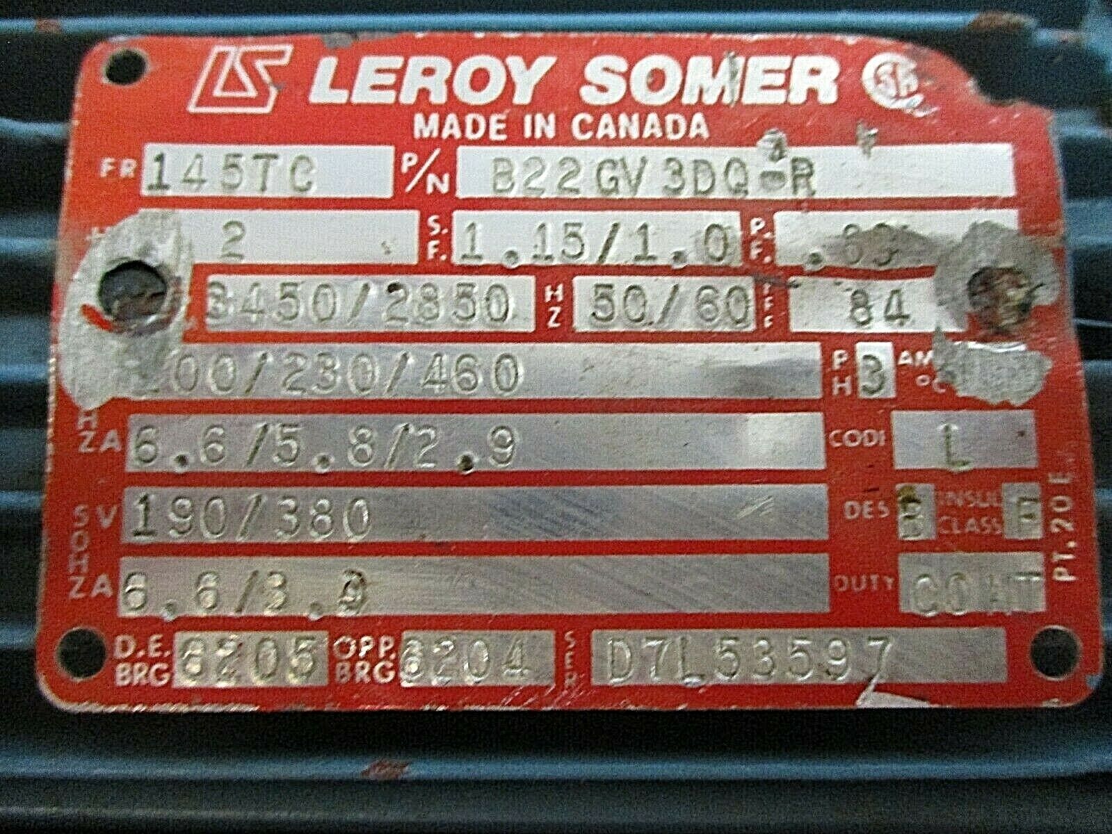 Leroy Somer Motor B22GVGV3DQ-R 2HP 3600RPM 200/230/460V 50/60Hz 3Ph Used