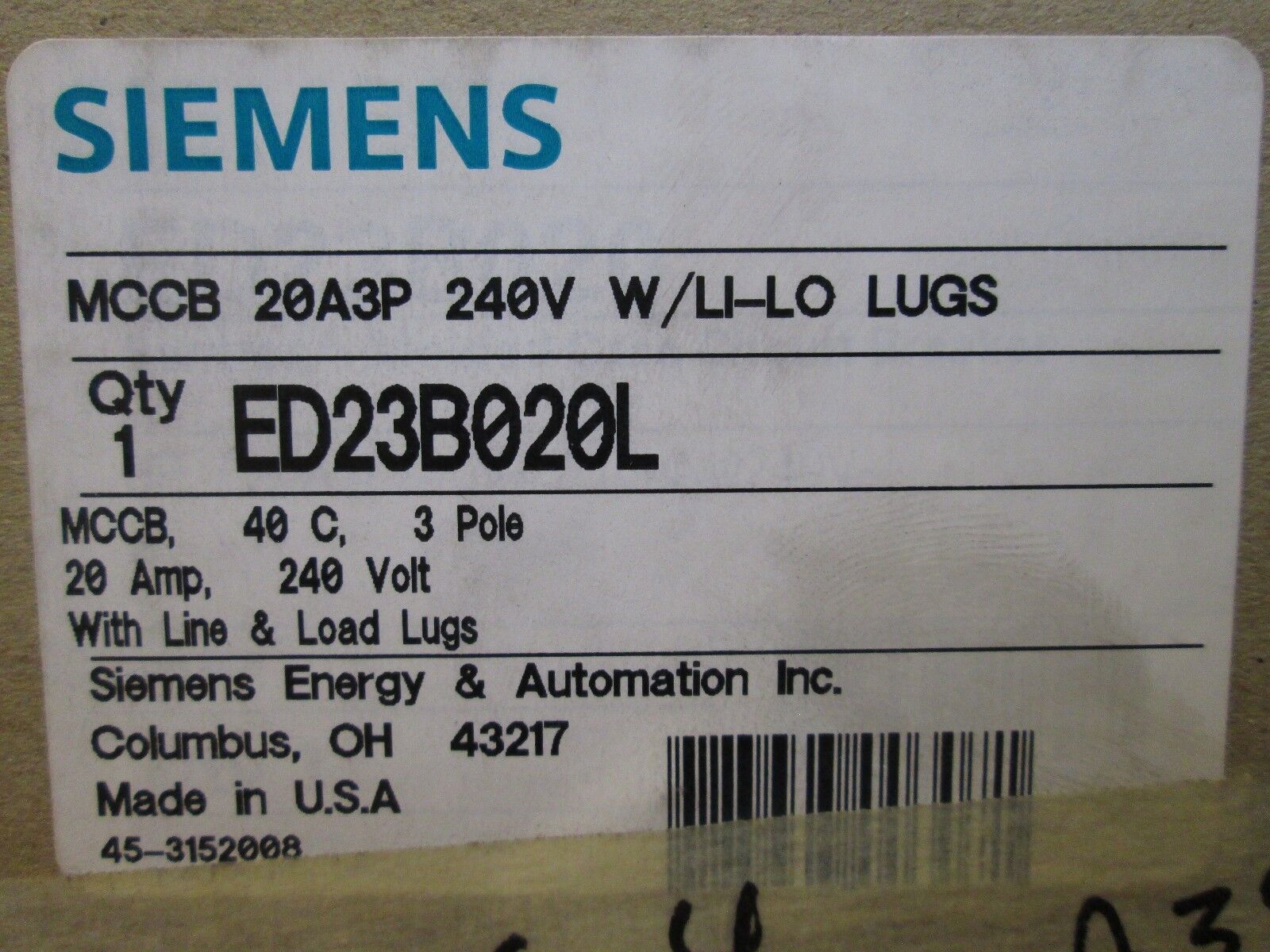 Siemens Circuit Breaker ED23B020L 20A 240V 3P Line & Load Side Lugs New Surplus