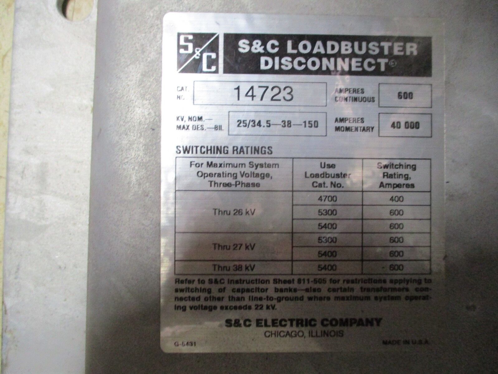 S&C Loadbuster Disconnect 14723 25KV 600A Used