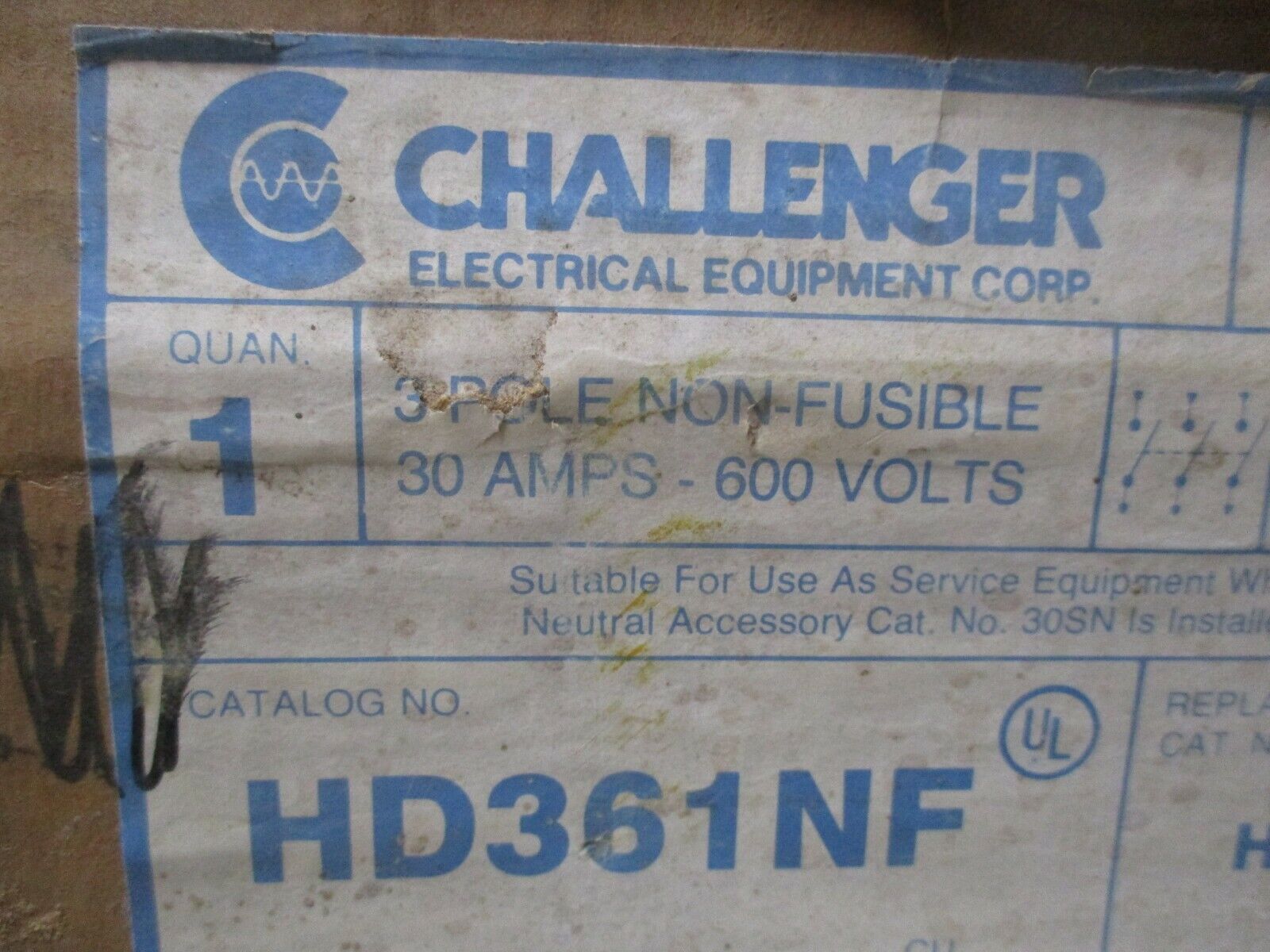 Challenger Non-Fusible Safety Switch / Disconnect HD361NF 30A 600V New Surplus