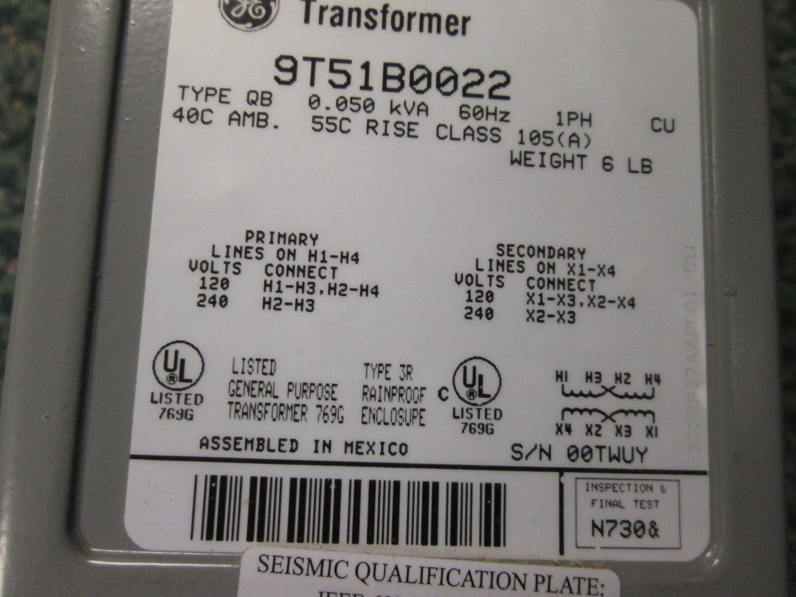 GE Transformer 9T51B0022 .050KVA 1Ph Pri 120/240V Sec 120/240V Used