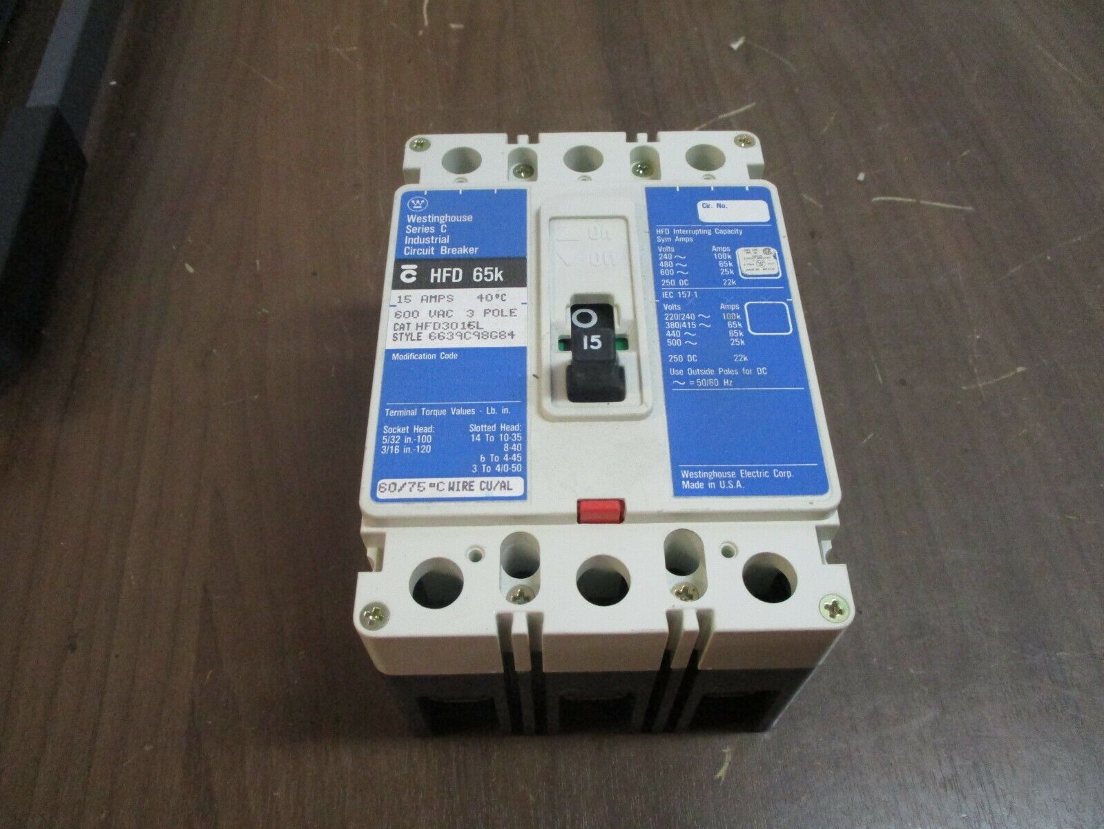 Westinghouse HFD 65K Circuit Breaker HFD3015L 15A 600V 3P Used