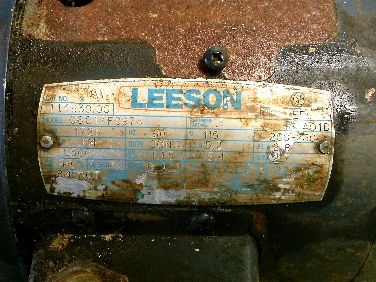 Leeson Model C6C17FC97A AC Motor 114639.00 1/4HP 1800RPM 208-230V 5.2/2.6A Used