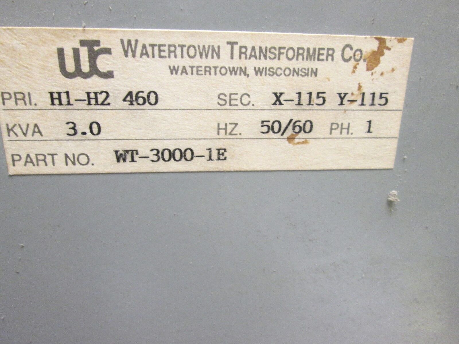 Watertown Transformer  Single Phase Dry Type  WT-3000-1E  3 KVA  Pri 460V