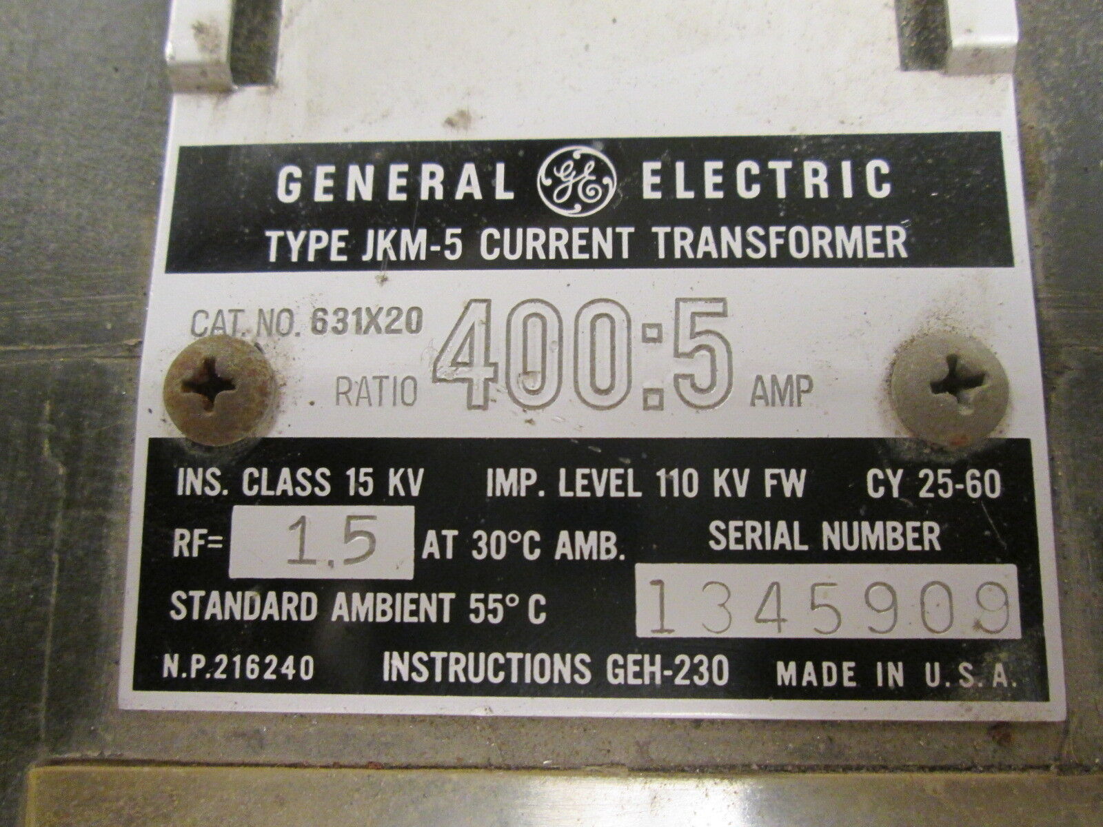 GE Type JKM-5 Current Transformer 631X20 Ratio 400:5A 25-60Hz Used