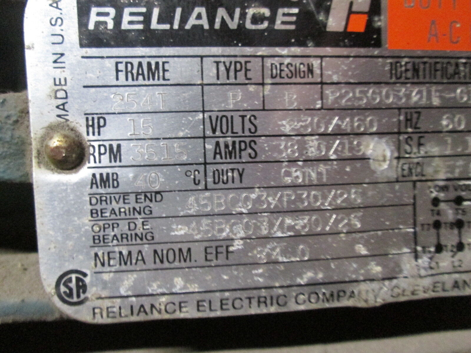 Reliance AC Motor P25G0371E-G19-VP/MN2820 15HP 3600RPM FR:254T ENCL:TEFC Used