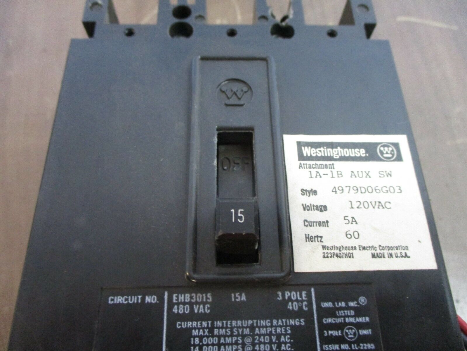 Westinghouse Circuit Breaker w/ Aux EHB3015 15A 480V 3P Used