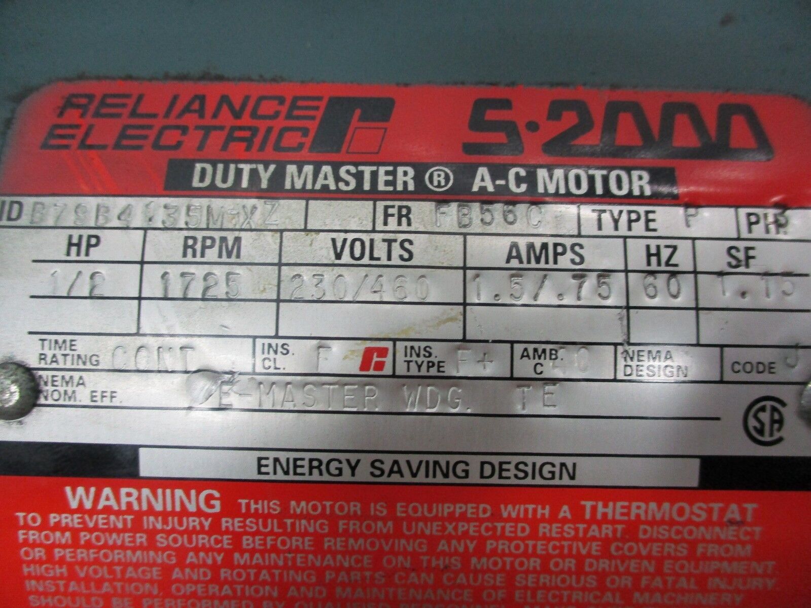 Reliance Duty Master AC Motor w/ Brake B79B4135M-XZ 1/2HP 1800RPM FR:FB56C Used