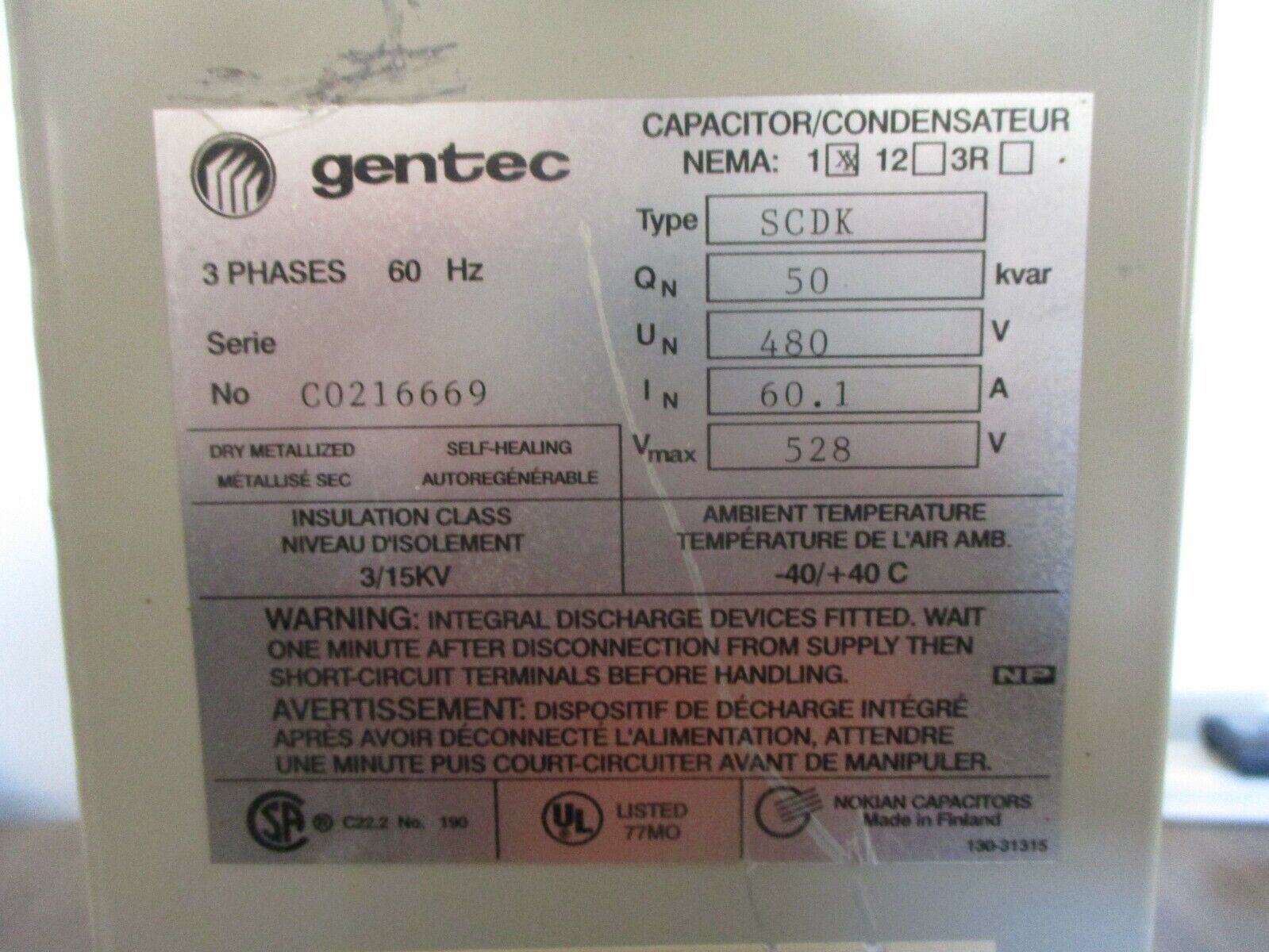 Gentec Type SCDK Capacitor 50kVAR 480V 3Ph 60Hz *(2) Broken Lights* Used