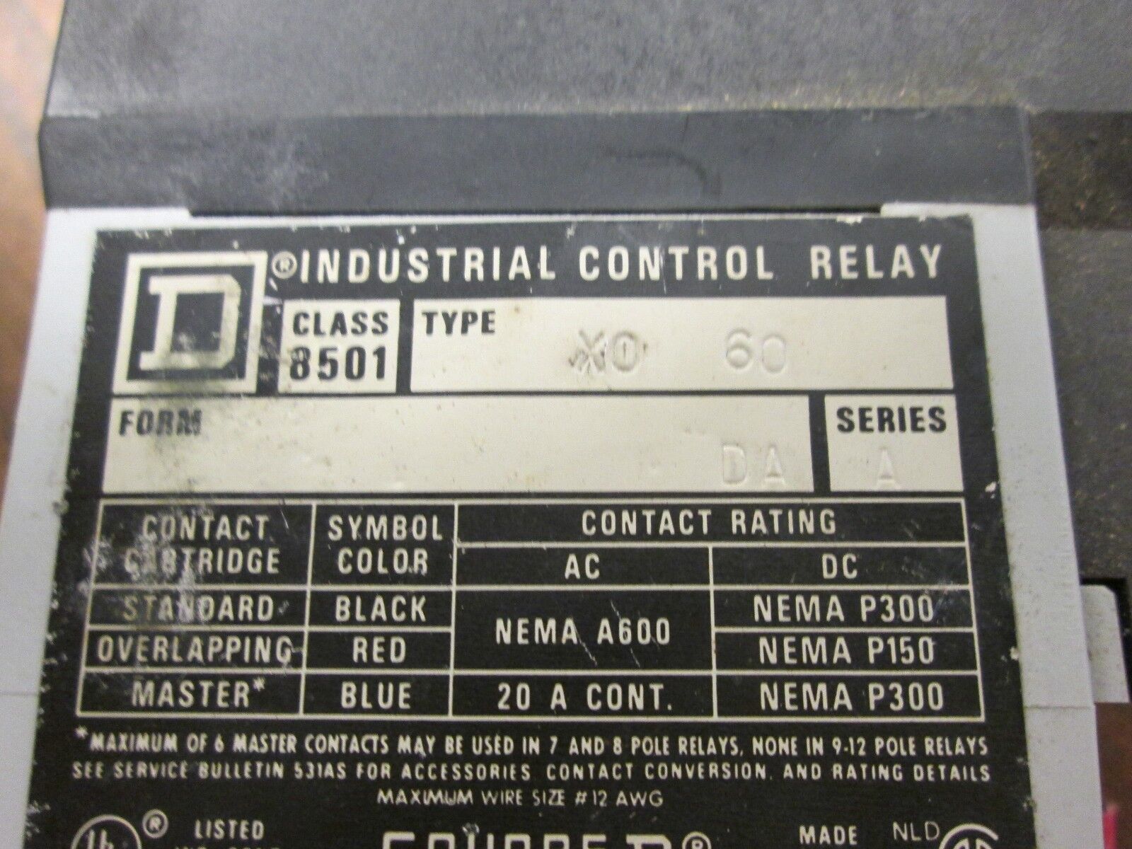 Square D Control Relay 8501X060 Used