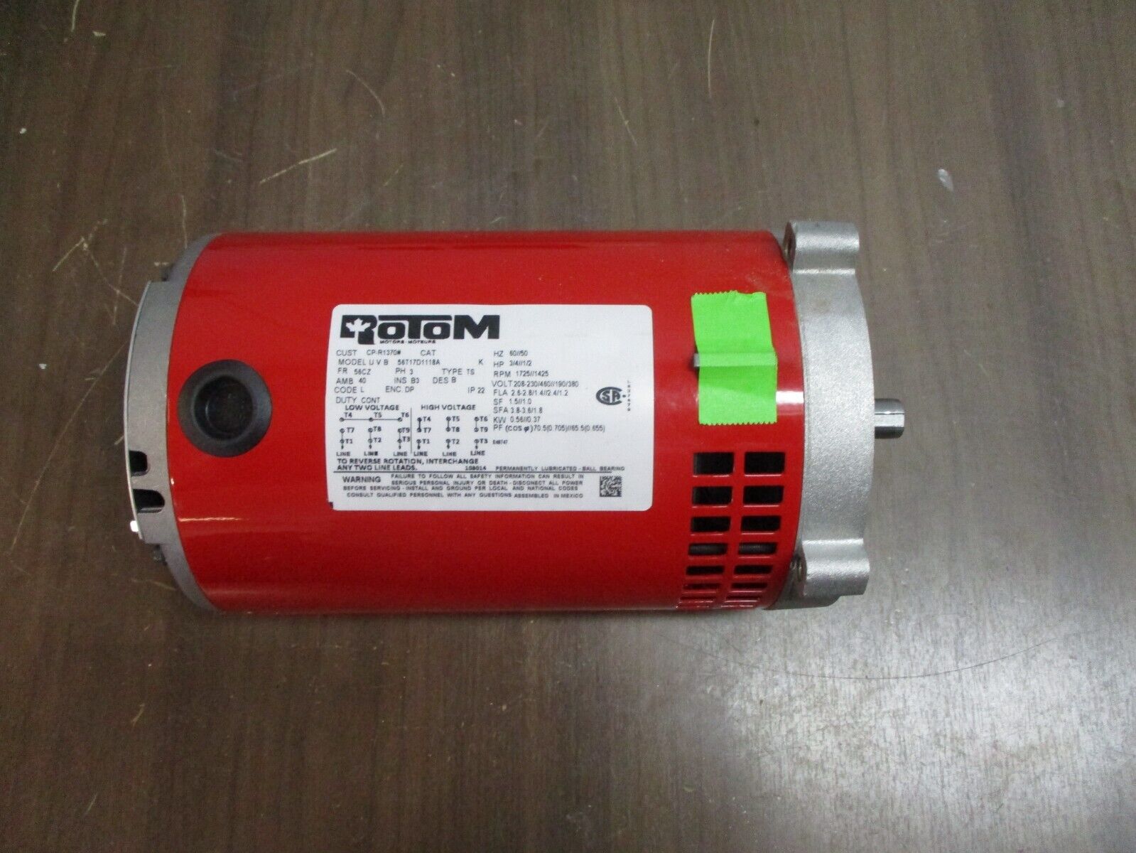 Rotom Motor CP-R1370 3/4HP 3Ph 1800RPM 208-230/460V 2.6-2.8/1.4A 60Hz