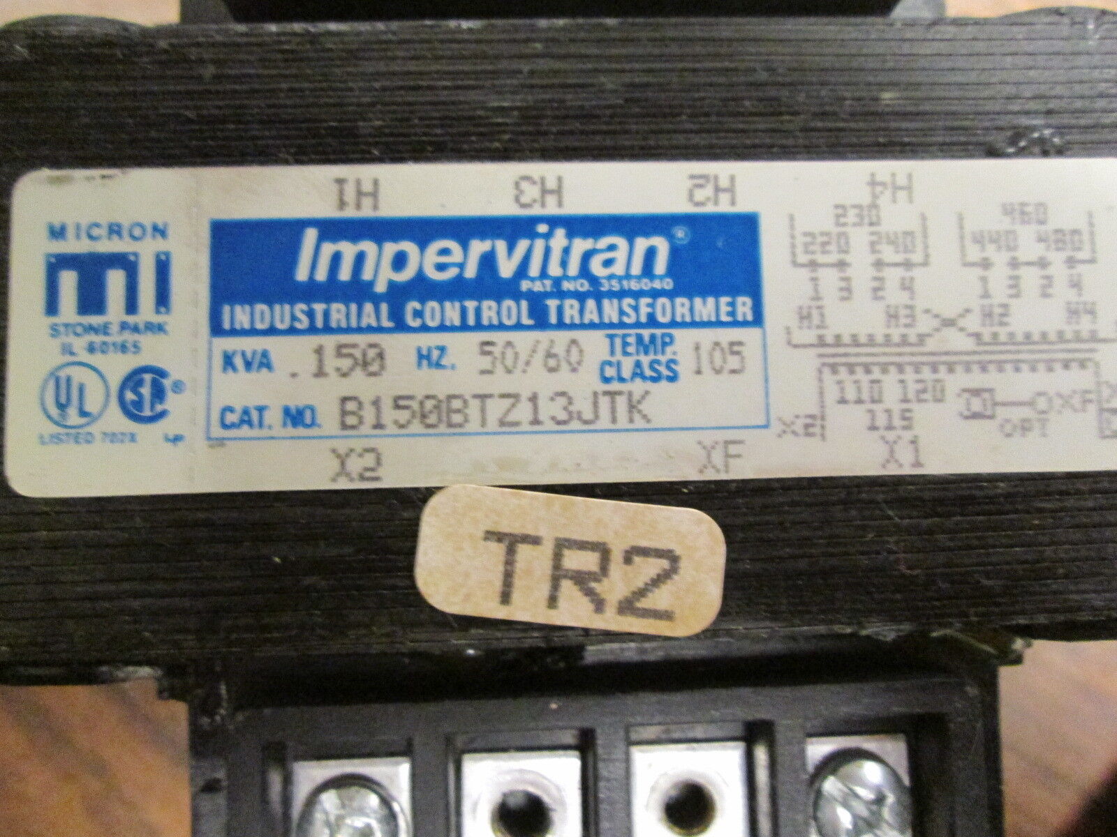 Micron Impervitron Control Transformer B150BTZ13JTK 0.150kVA Pri:240/480V Used