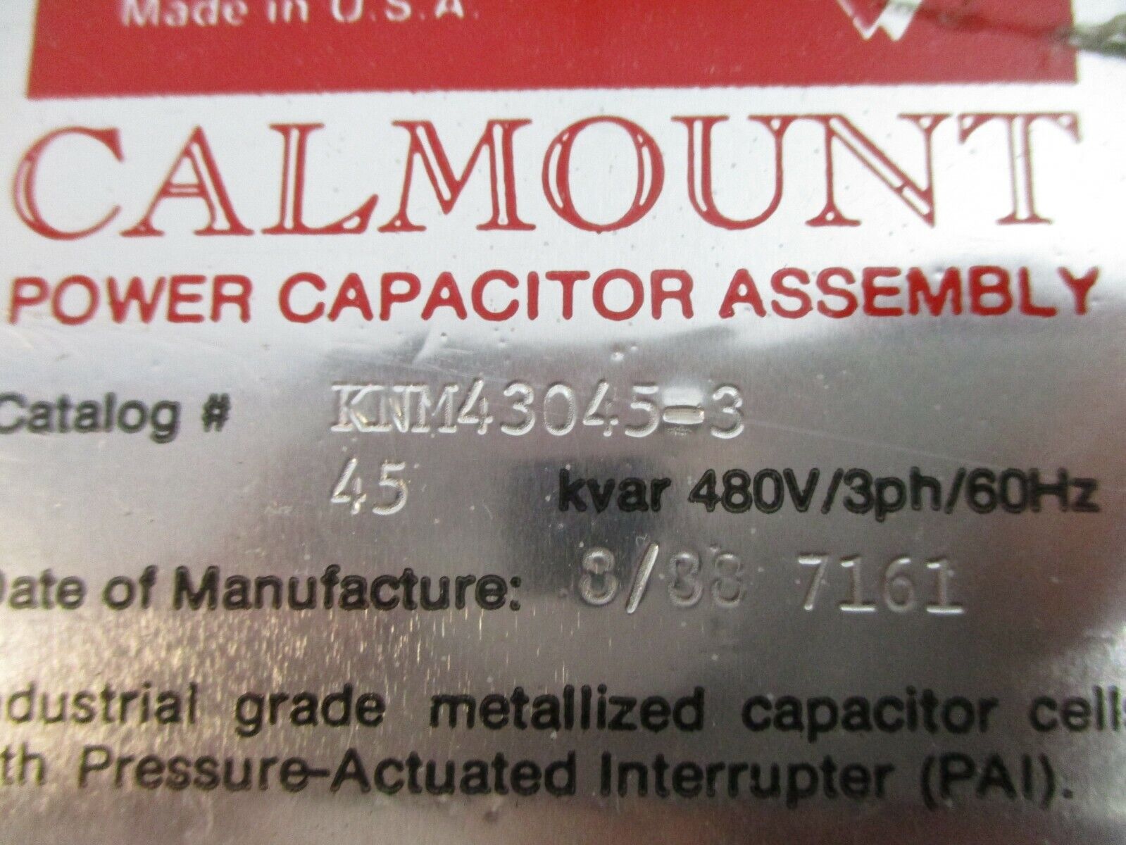 Myron Zucker Calmount Power Capacitor Assembly KNM43045-3 45 kVAR 480V 3Ph 60Hz