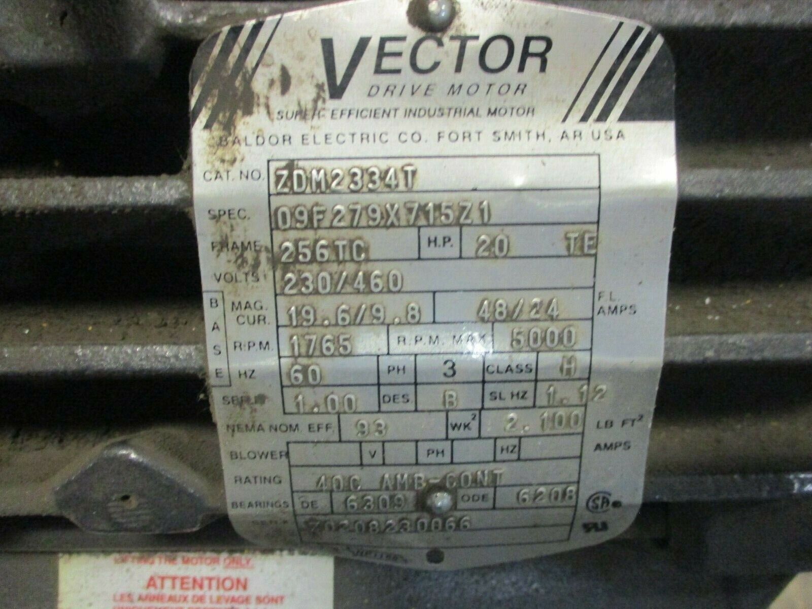 Vector AC Motor w/ Encoder ZDM2334T 20HP 1800RPM 230/460V 19.6/9.8A 3Ph 60Hz