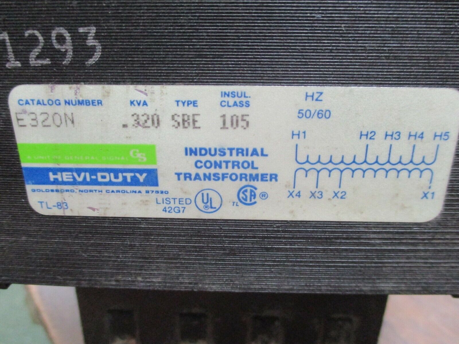 Hevi-Duty Type SBE Control Transformer E320N 0.320KVA 50/60Hz Used