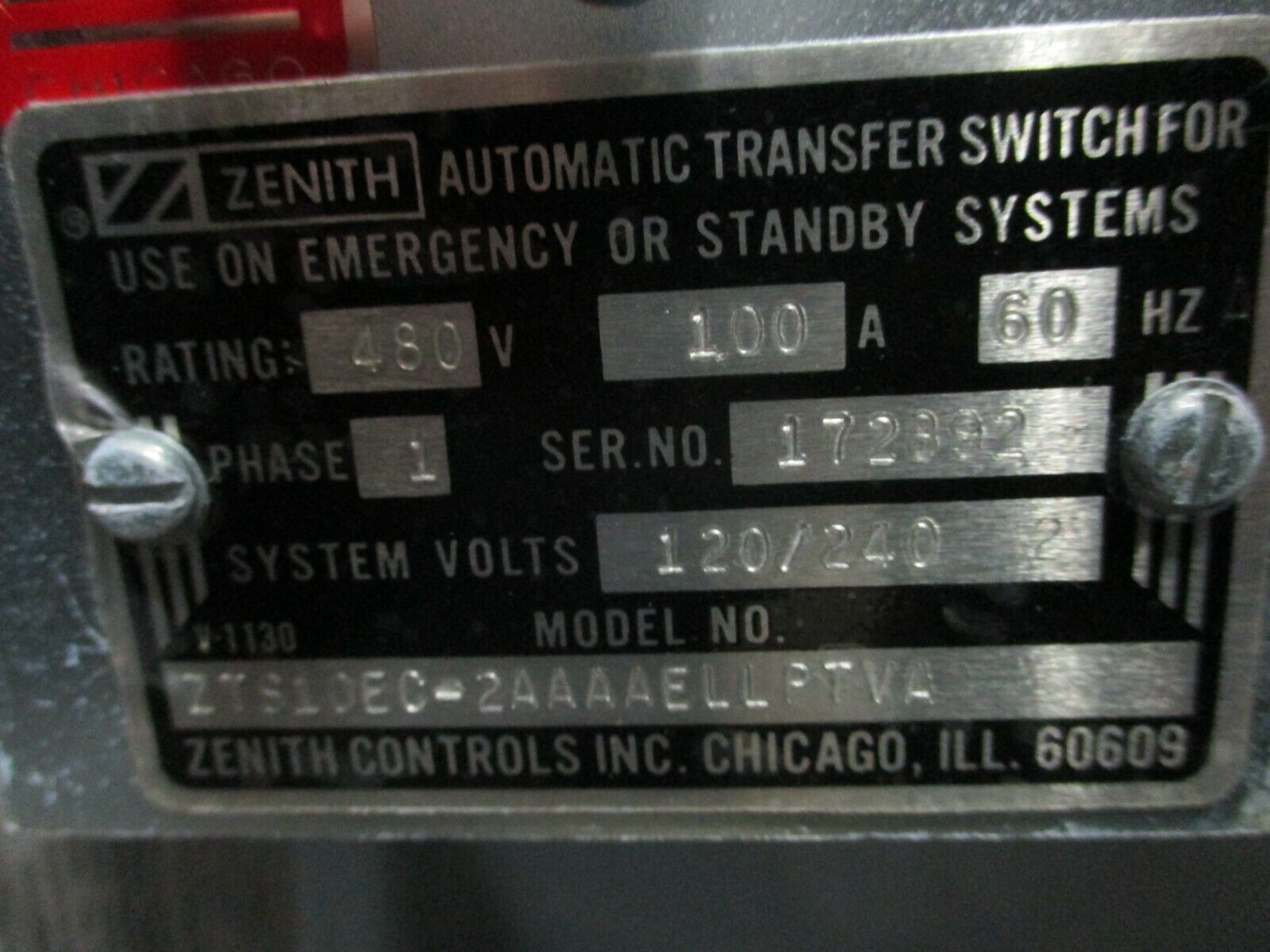 Zenith Automatic Transfer Switch ZTS10EC-2AAAAELLPTVA 100A 480V 60HZ 1Ph Used