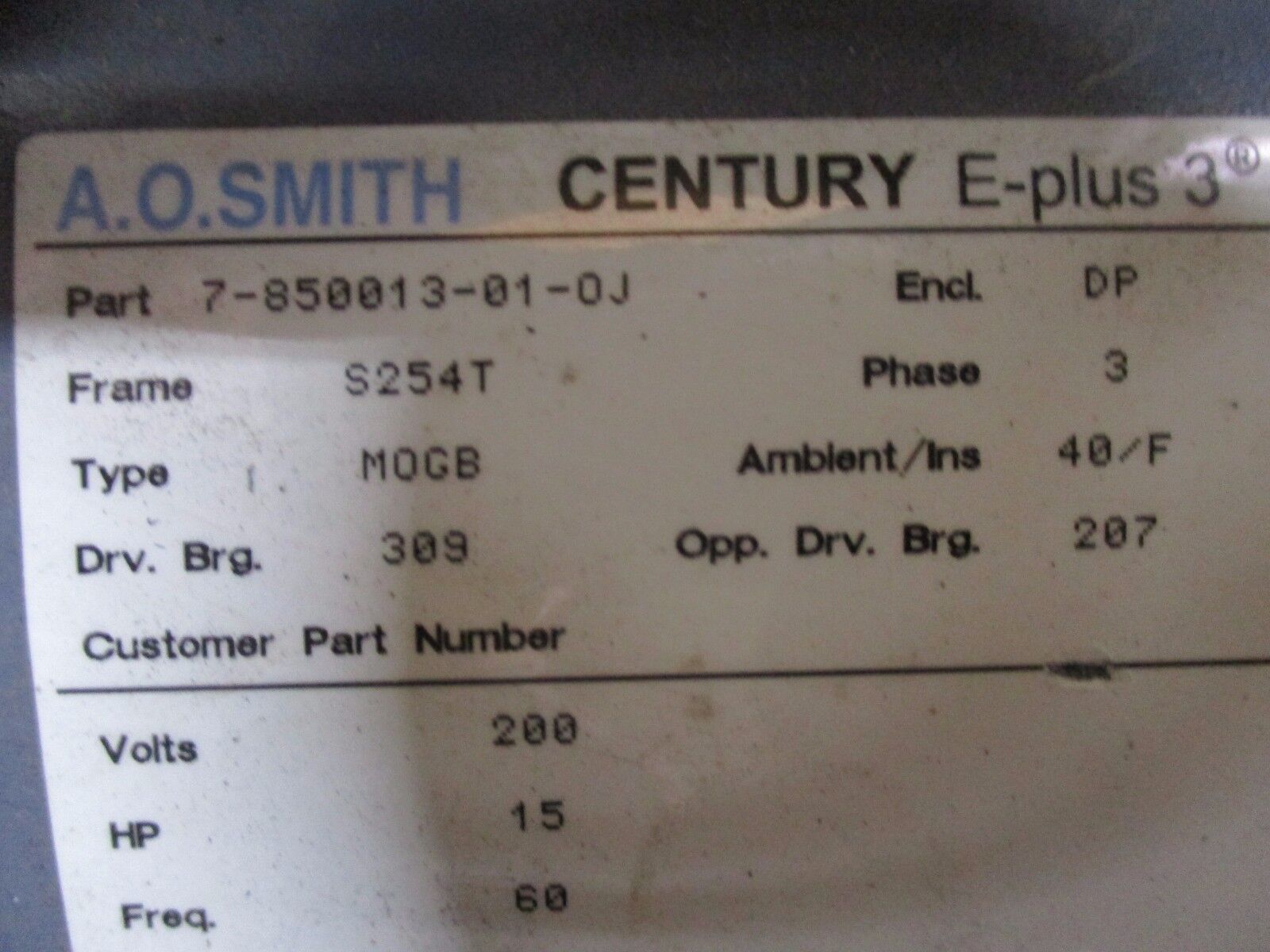 A.O. Smith AC Motor 7-850013-01-OJ 15HP 1770RPM S254T Encl:DP 200V 43.4A Used