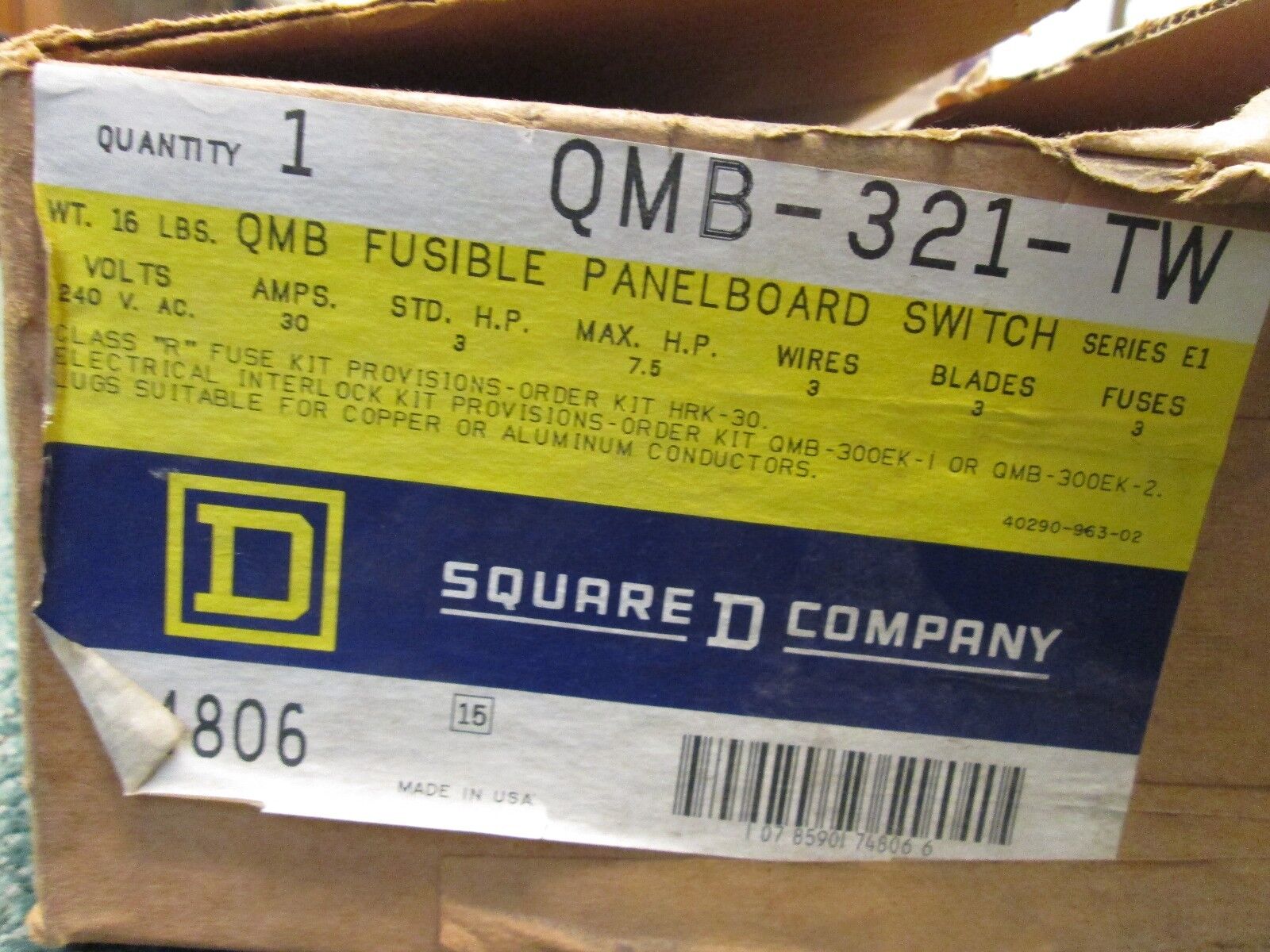 Square D Fusible Panel Board Switch QMB-321-TW 30A 240V Twin Switch New Surplus