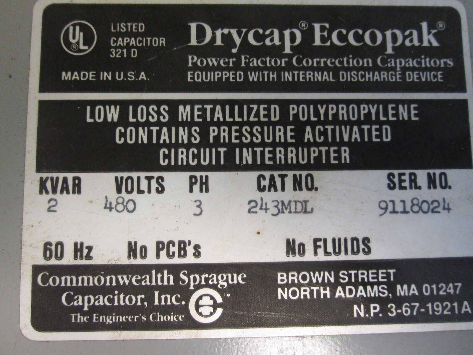 Commonwealth Sprague Drycap Eccopak Capacitor 243MDL 2 KVAR 480V 3PH New Surplus