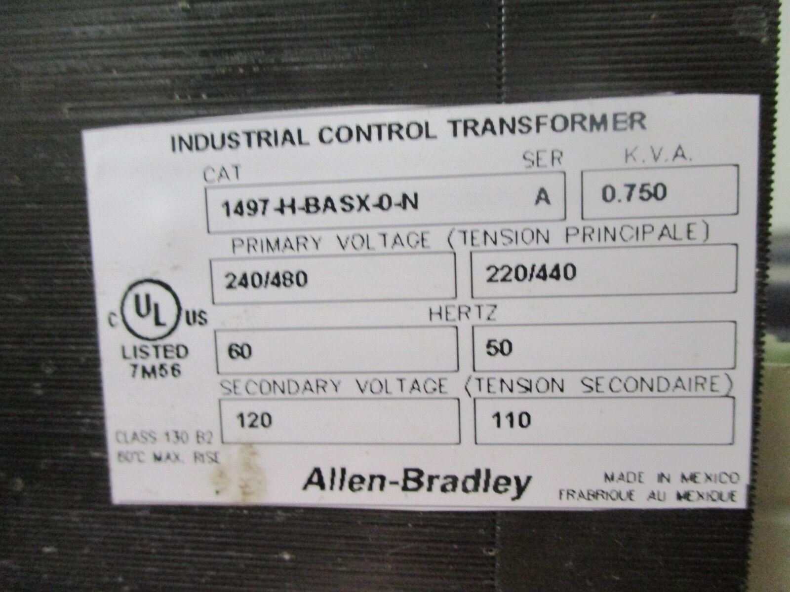 Allen-Bradley Control Transformer 1497-H-BASX-0-N 0.750kVA Pri: 240/480V Used