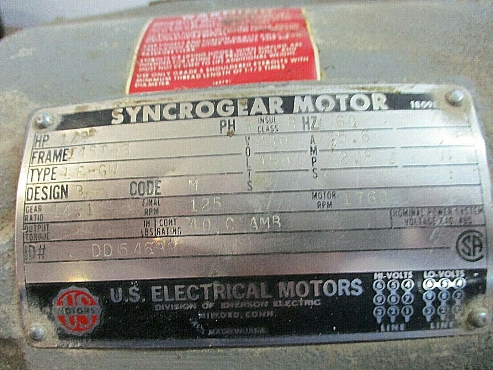 US Motors Syncrogear Motor DD54699 Ratio: 14.1:1  0.5HP 1800RPM 5.6A 230/460V