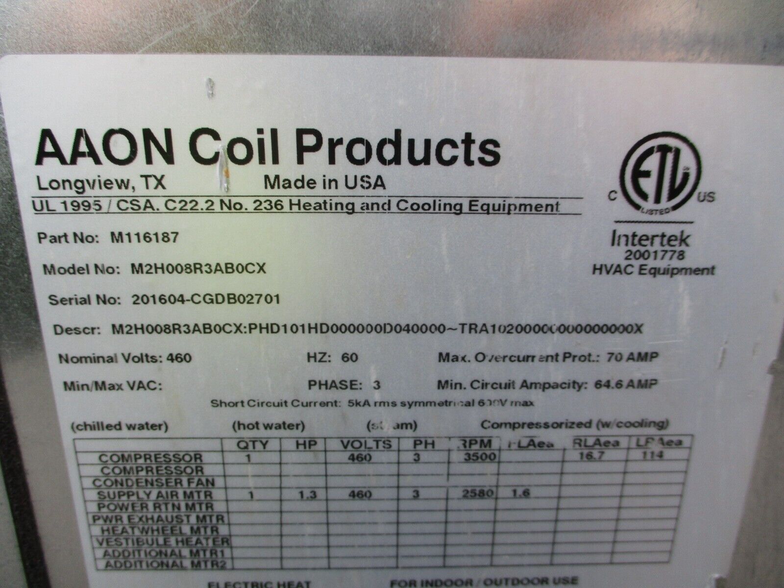 AAON Water-Source Heat Pump M116187 Model #: M2H008R3AB0CX 460V 60Hz 3Ph 64.6A