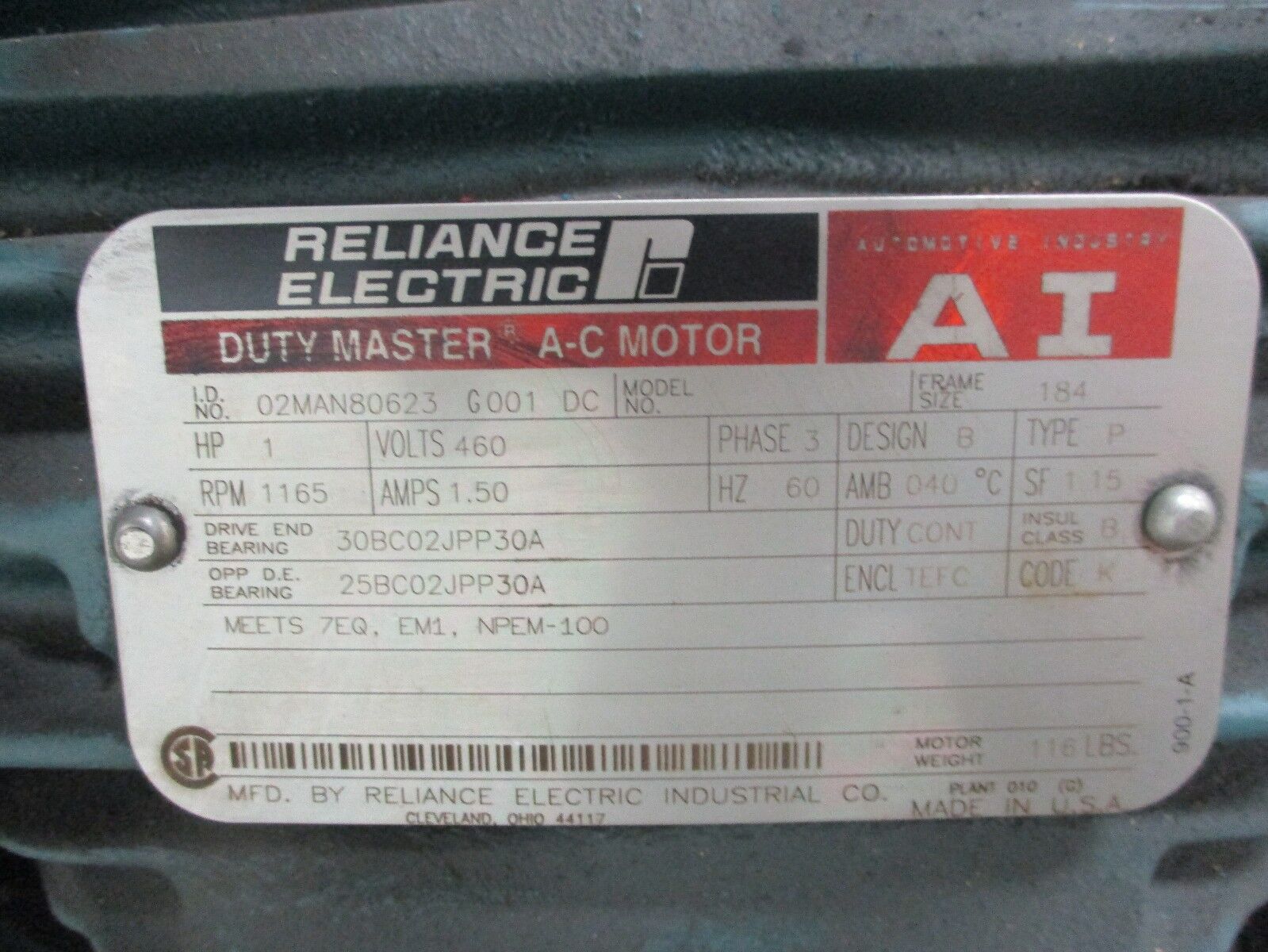 Reliance Duty Master AC Motor w/ Brake 02MAN80623 G001 DC 1HP 1200RPM FR:184