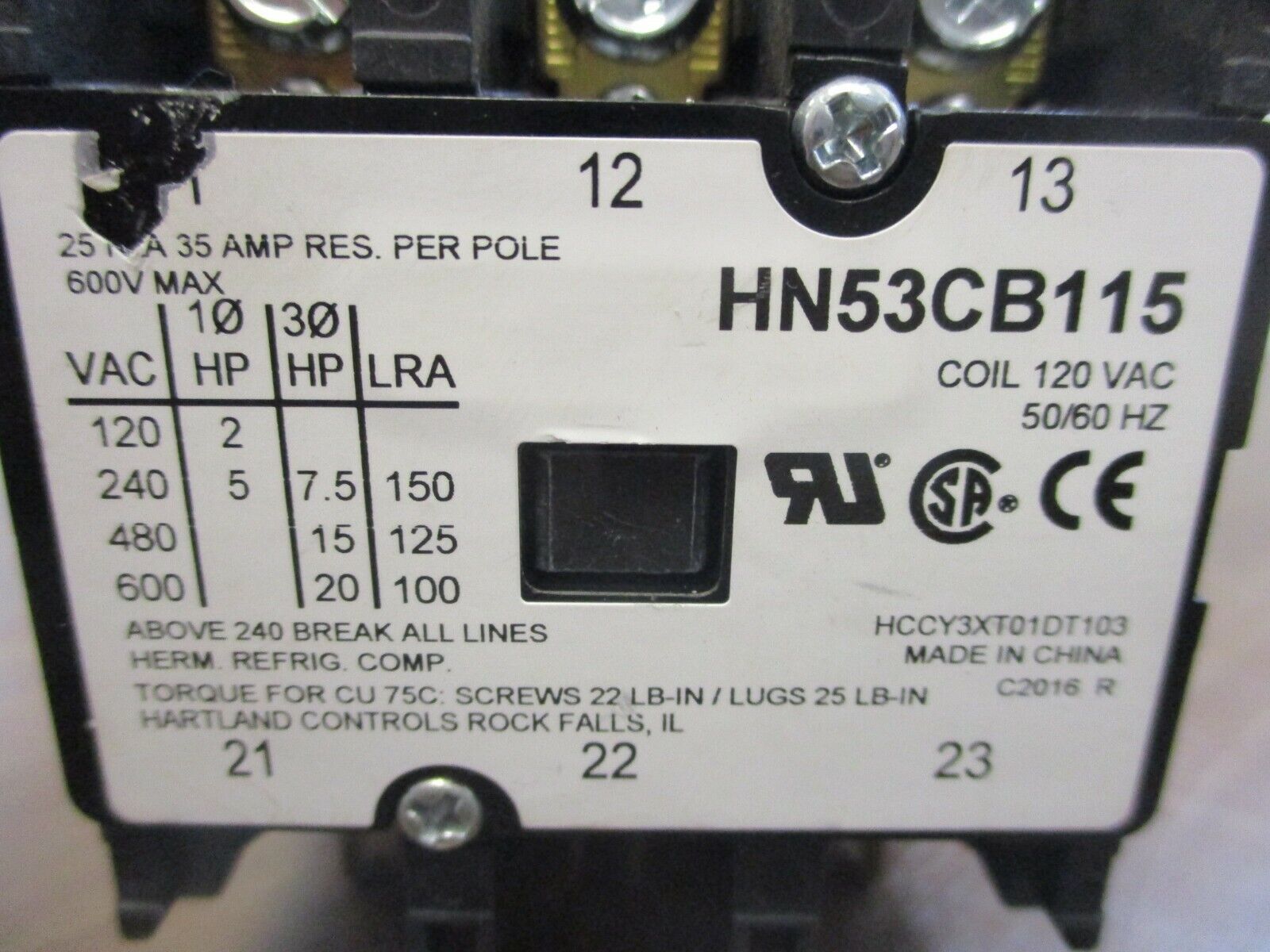 Hartland Controls Contactor HN53CB115 120V Coil 25A 600V Used