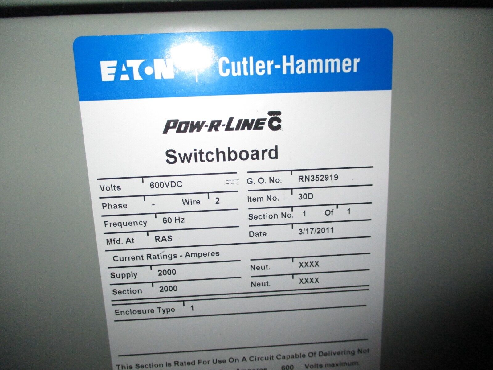 Cutler-Hammer Enclosed DC Circuit Breaker PBDC32000W 2000A 600VDC Used