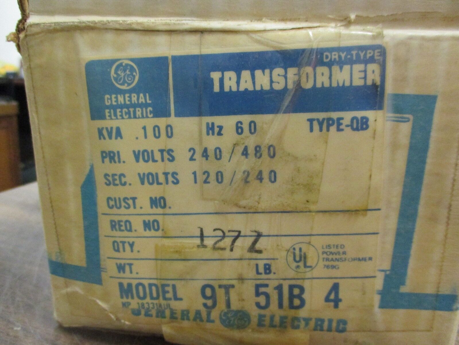 GE Type QB Transformer 9T51B4 0.100KVA Pri:240/480V Sec:120/240V 60Hz New