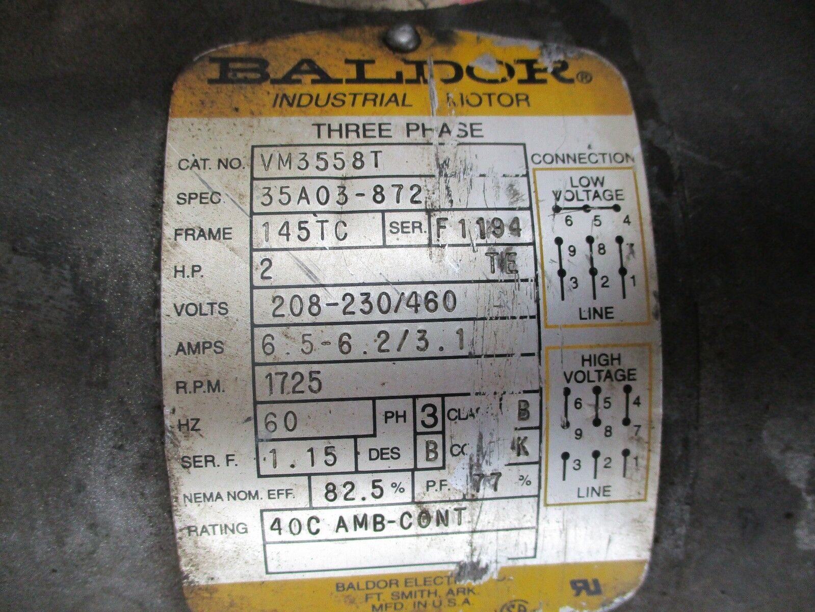 Baldor AC Motor w/ Gear VM3558T 2HP 1800RPM FR:145TC 208-230/460V 6.5-6.2/3.1A