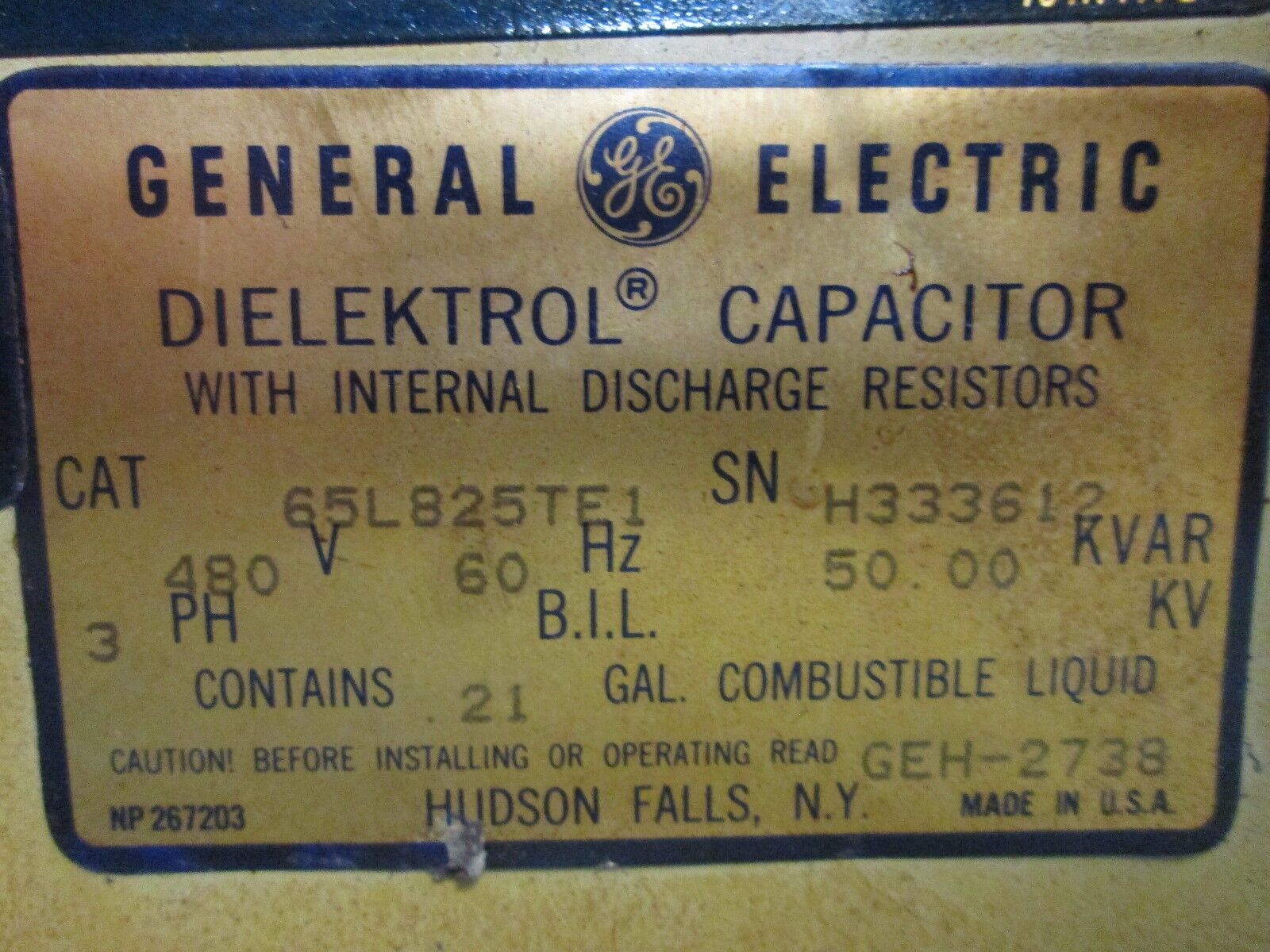 GE Dielektrol Capacitor 65L825TE1 50 KVAR 480V 60Hz 3Ph Used