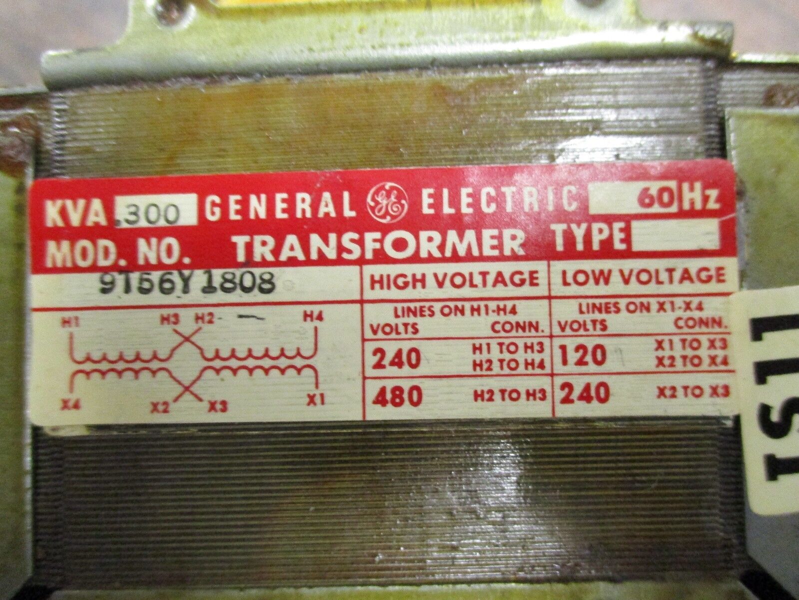 GE Transformer 9T56Y1808 Pri: 240/480V Sec: 120/240V 0.300KVA Used