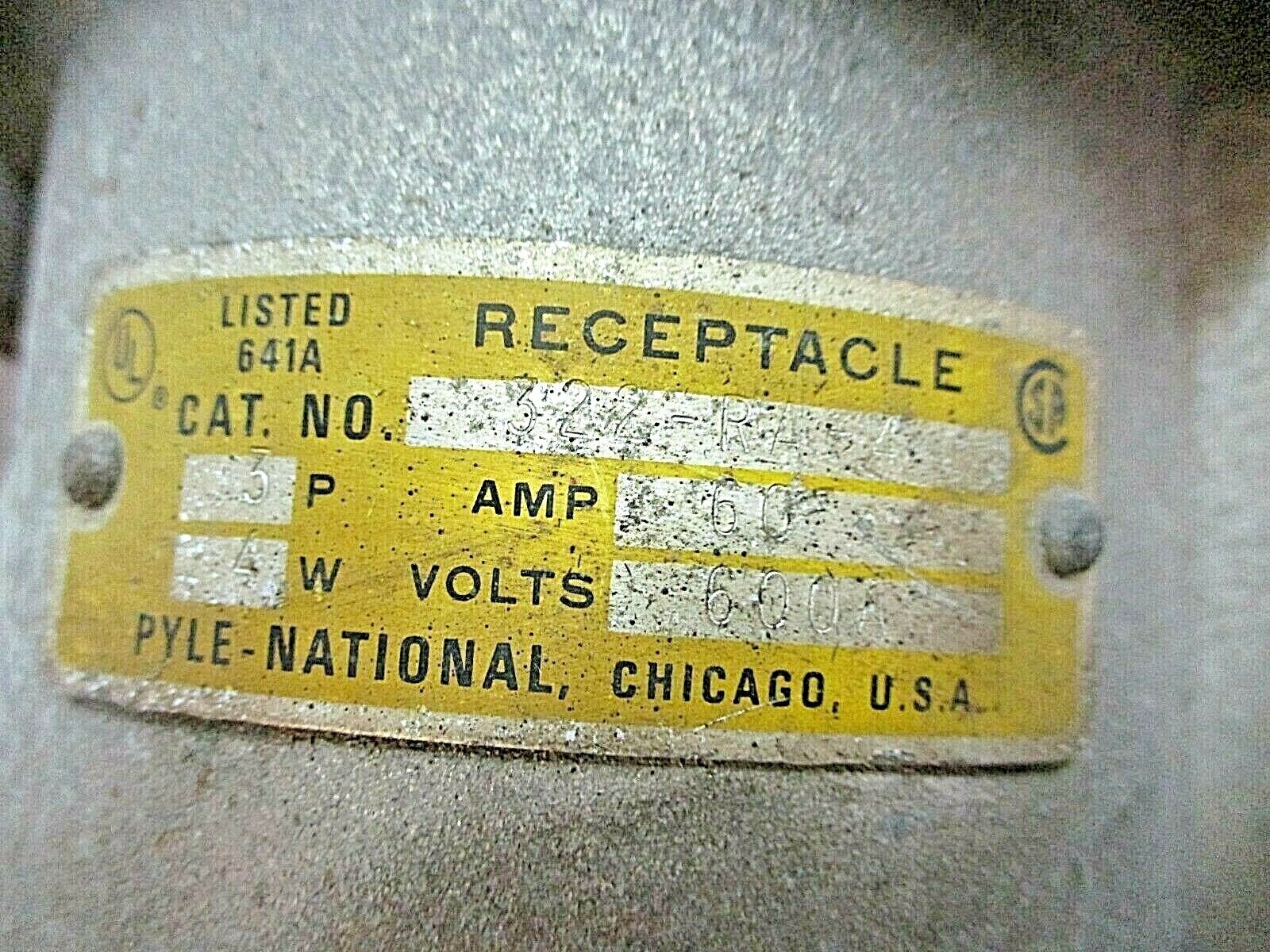 Pyle National Receptacle w/Base 322-RA-4 60A 600V 3P 4W Used