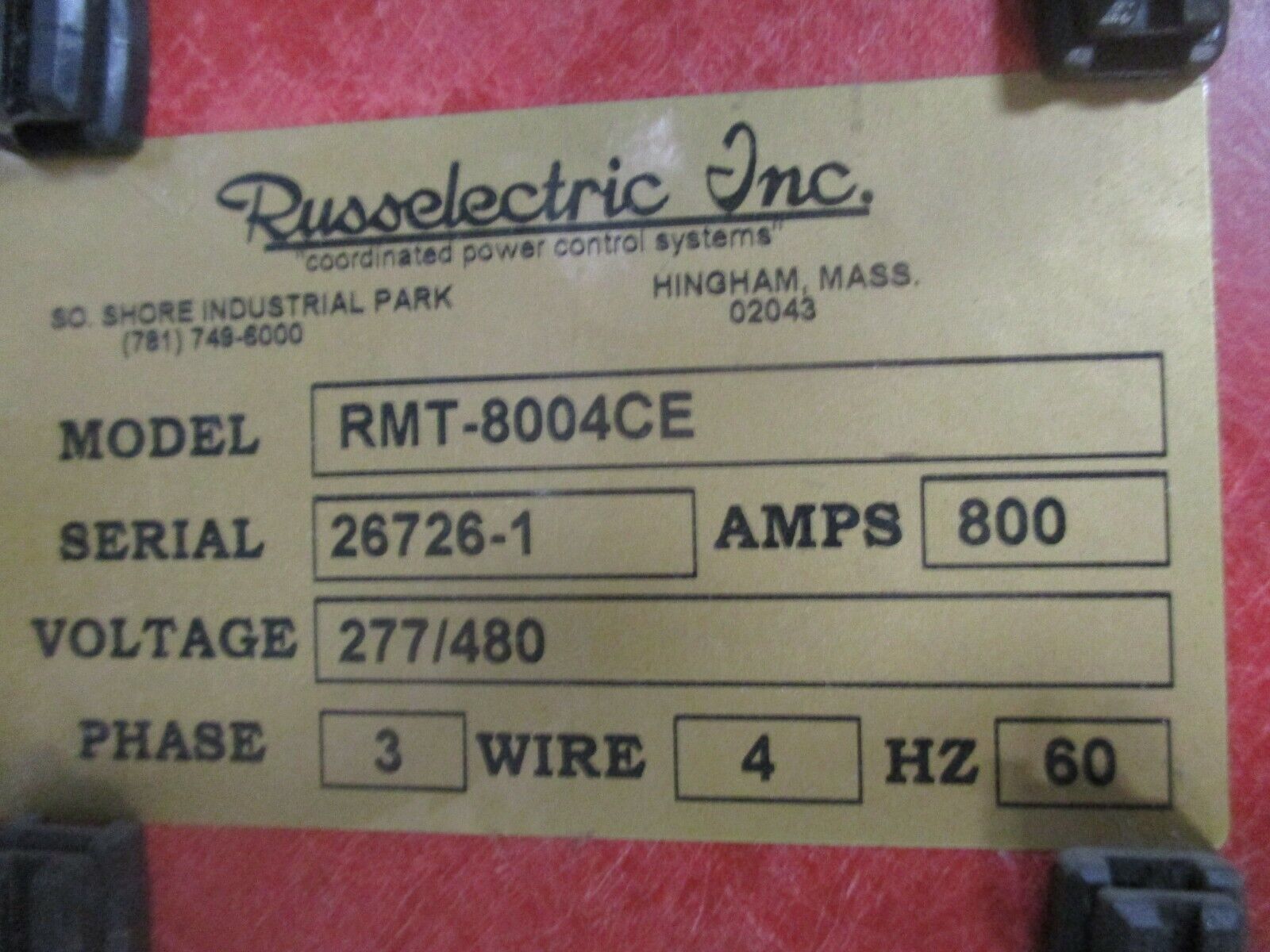 Russelectric Automatic Transfer Switch RMT-8004CE 800A 277/480V 60Hz 3Ph 4W Used